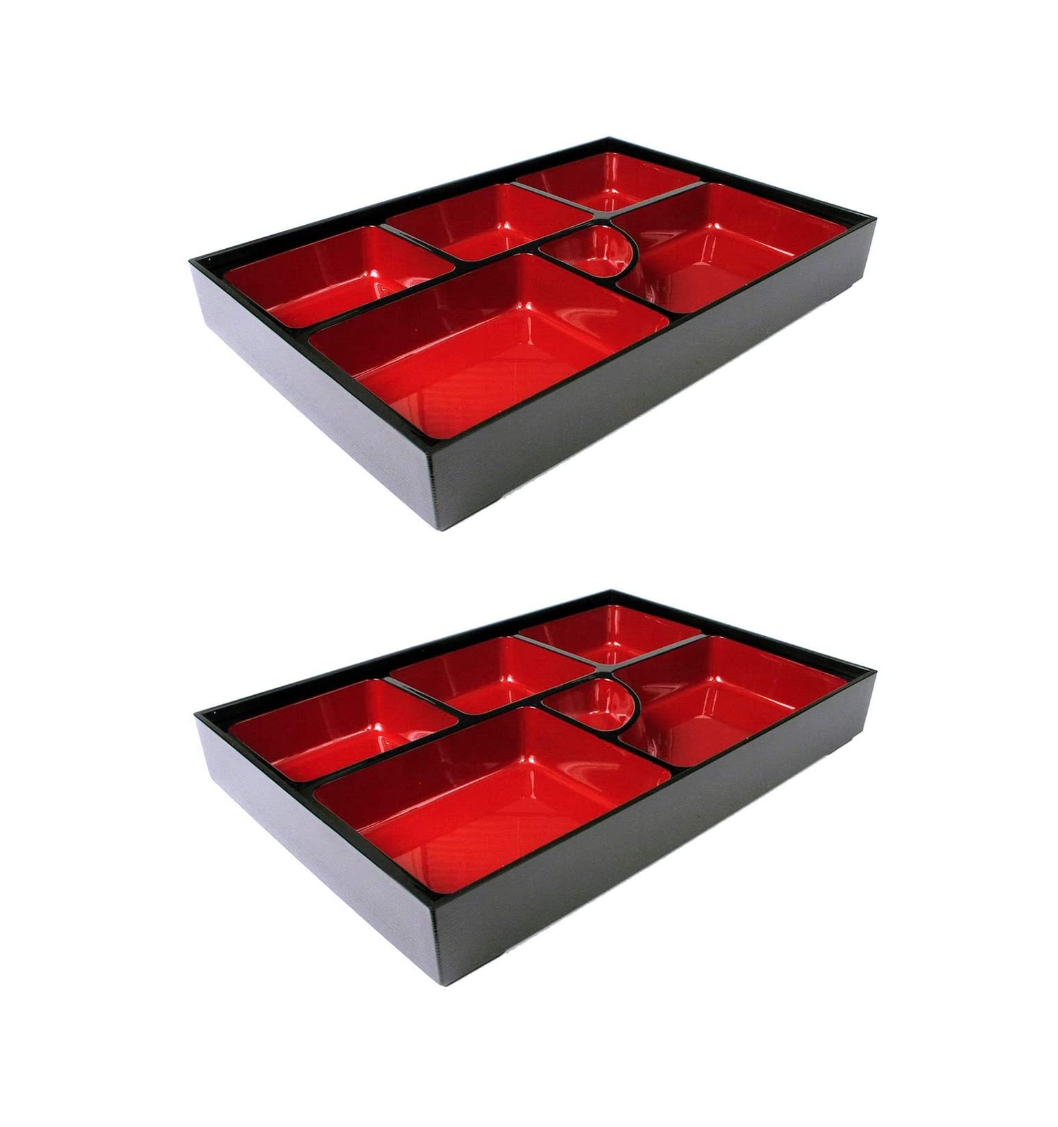 Japanbargain, Red And Black Japanese Traditional Plastic Lacquered Lunch Bento Box 6 Compartments For Restaurant Or Home Tray An