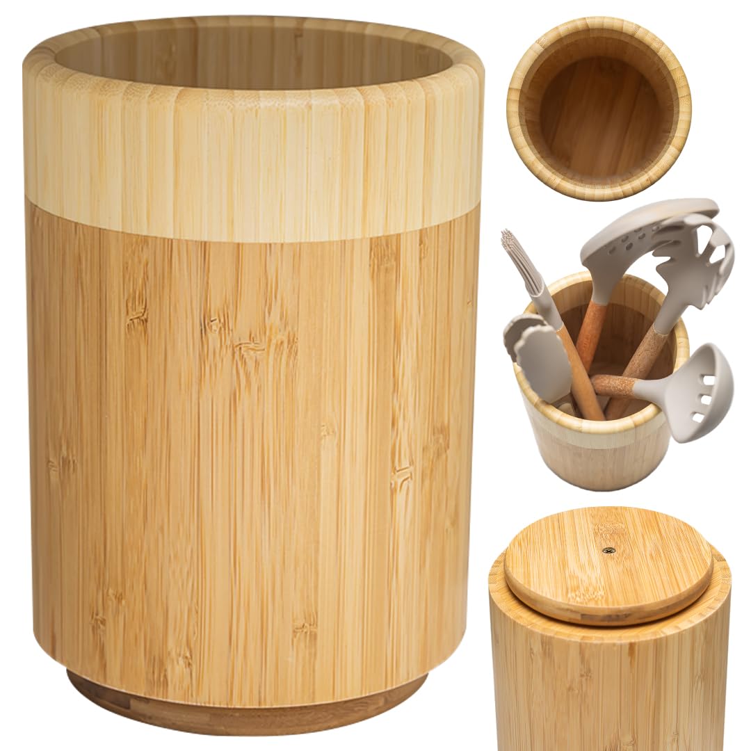 Samma Bamboo Utensil Holder - Space-Saving Utensil Holder For Kitchen Counter - Rotating Kitchen Utensil Holder - Utensil Crock