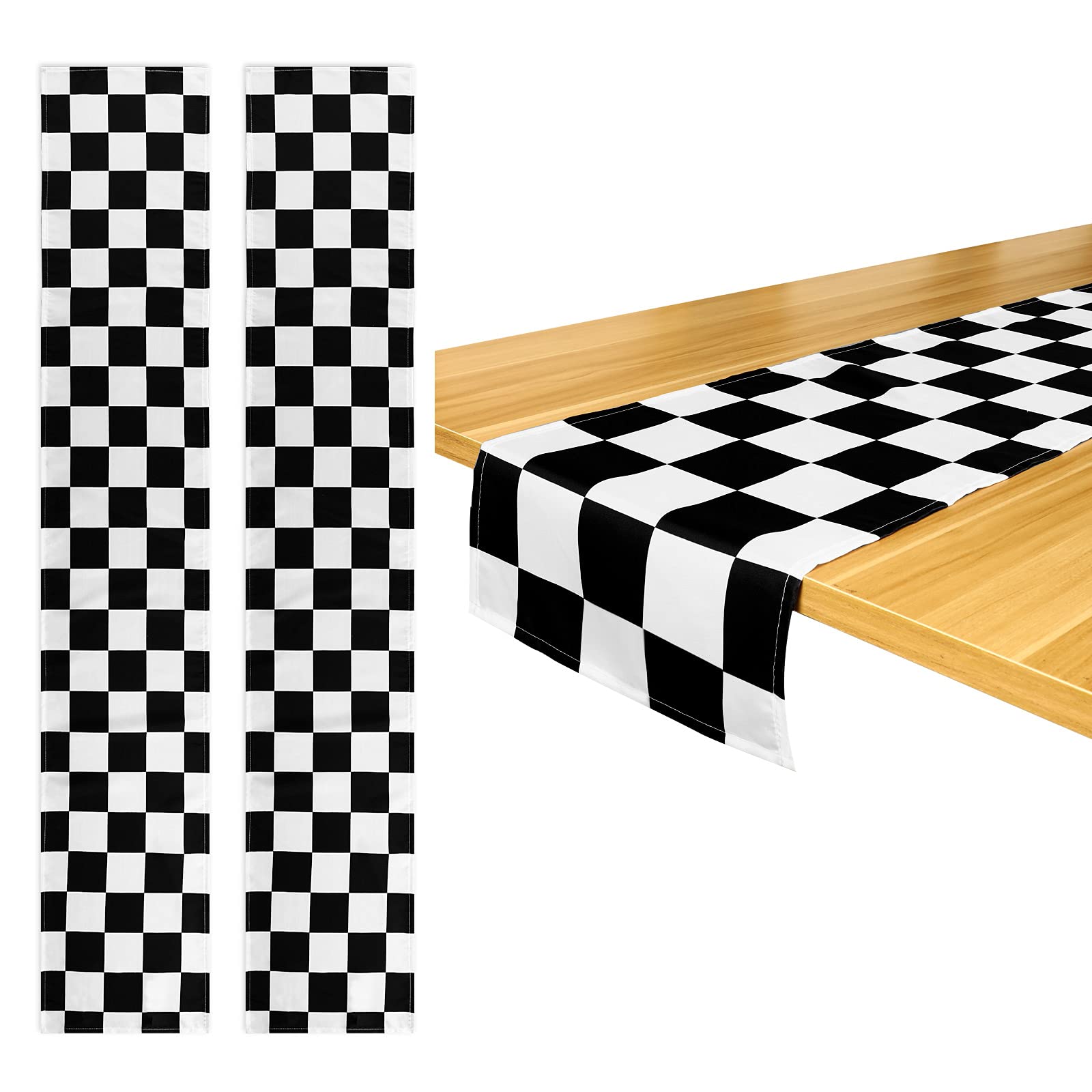 Breling 2 Pack Checkered Table Runner Black and White Tablecloths Racing Flag Polyester Tea Party Table Cloths Car Theme Flag Pa
