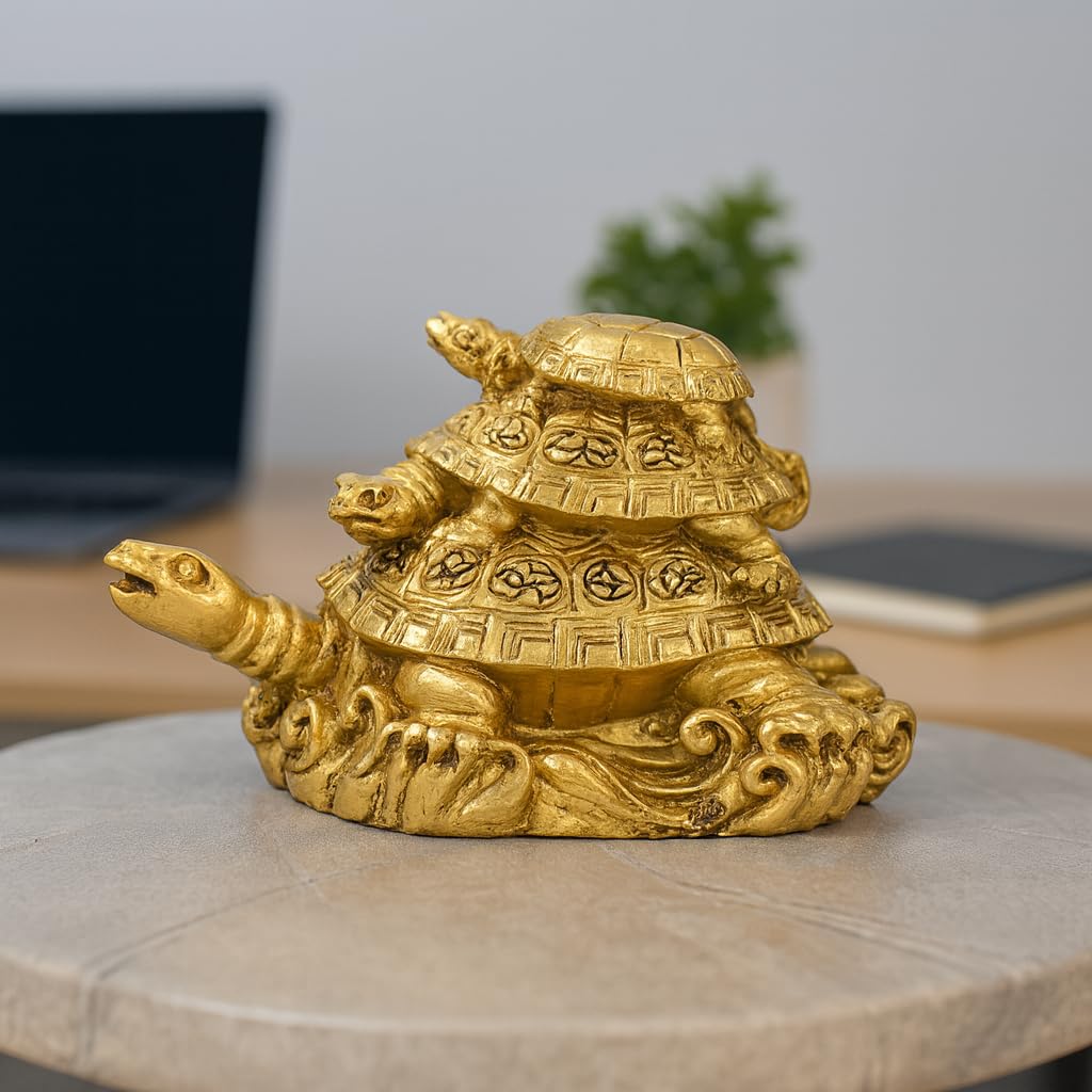 Hindcraft Triple Tortoise Turtle Family | Golden Feng Shui Tortoise For Good Luck | Metal Turtle Vastu Showpiece For Wealth, Hea