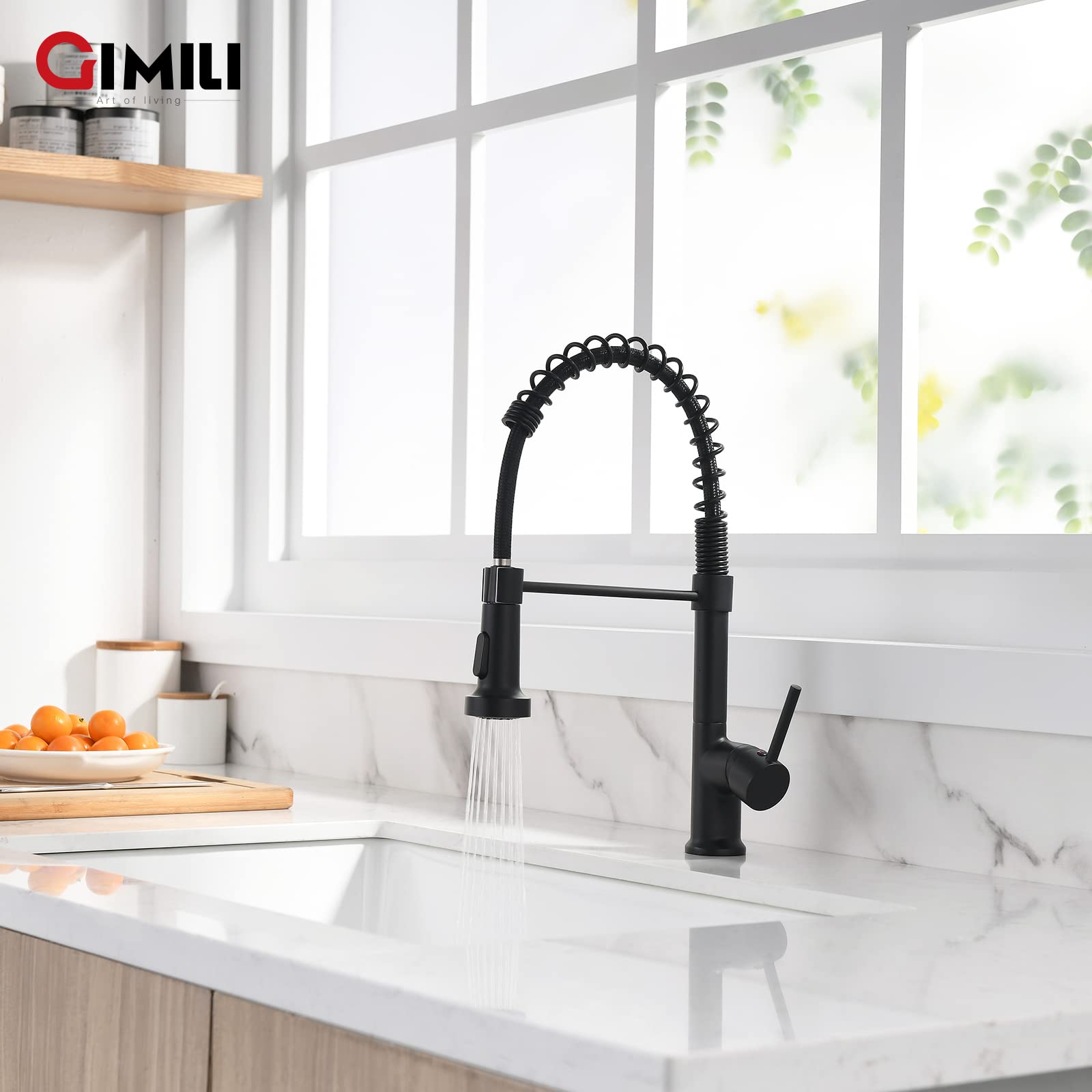 GIMILI Modern Kitchen Faucet with Pull Down Sprayer Commercial Single Handle Lever Spring Kitchen Sink Faucet Matte Black