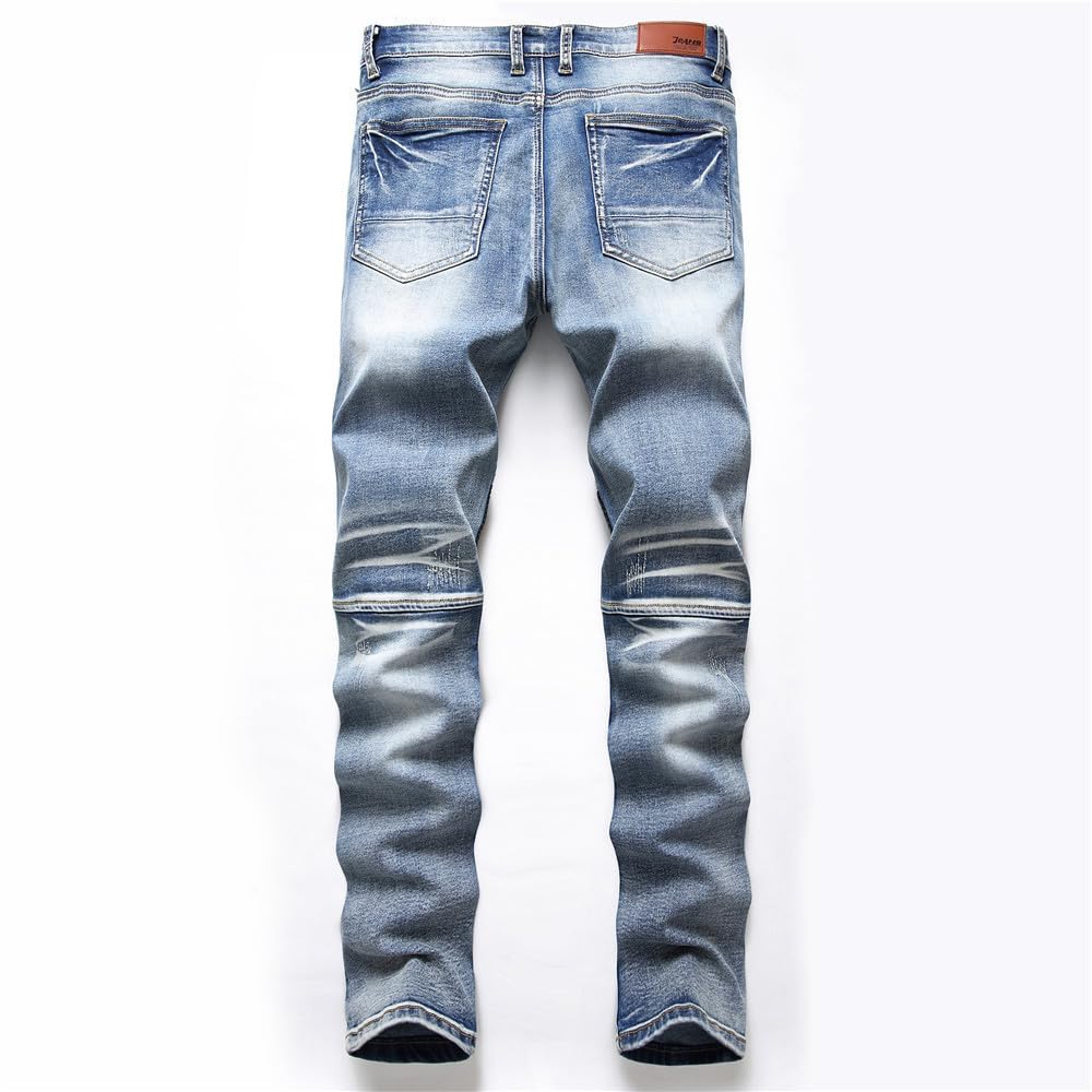 Aititia Mens Biker Zipper Deco Washed Straight Fit Jeans (38W X 32L, 005 Blue)