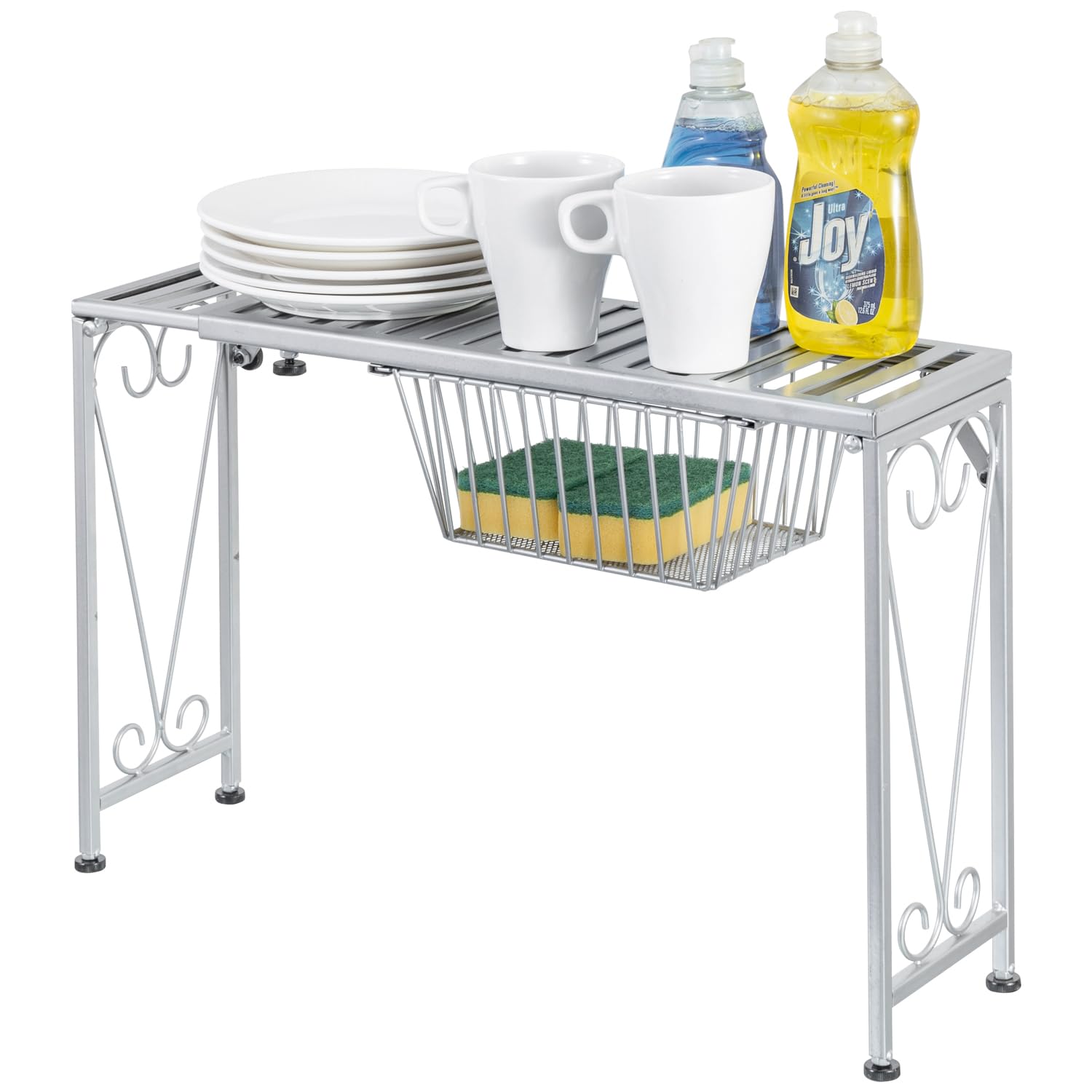 MyGift Silver Metal Over The Sink Organizer Shelf with Pull Out Drawer, Expandable Kitchen Caddy Rack, Bathroom Storage Shelf Ri