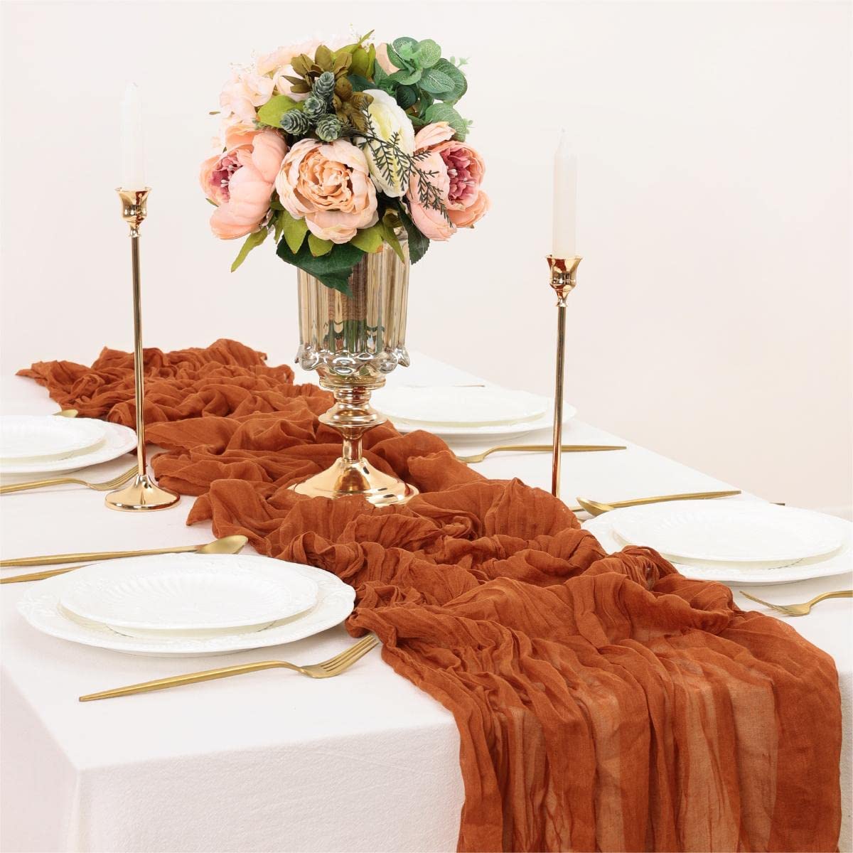 LINXTAR Terracotta Cheesecloth Table Runner 14Ft x 35'' Vintage Rustic Gauze Tablecloth Boho Elegant for Wedding Baby Shower Party Table Centerpiece  Photography Background