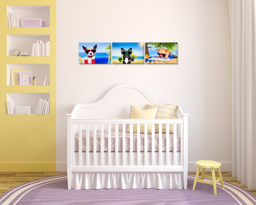 Ihappywall 3 Pieces Dog Animals Canvas Wall Art Chihuahua Reading Book Funny Puppy Relaxing On Summer Beach Painting For Bedroom