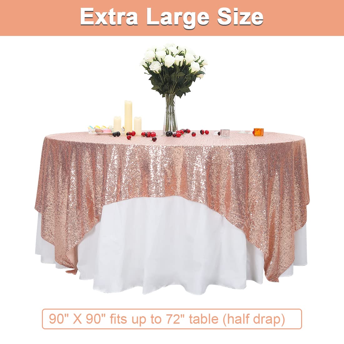 Partydelight Sequin Tablecloth Table Overlay Square 90''X90'' Rose Gold