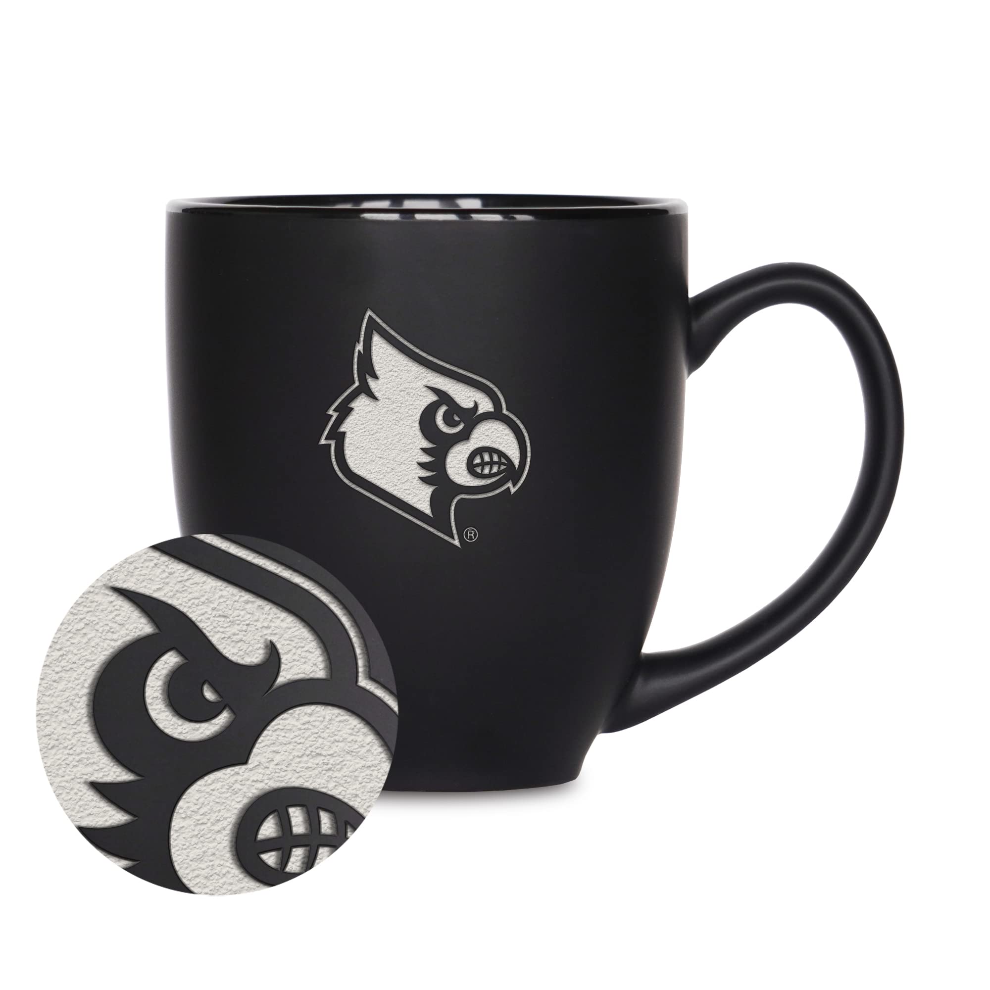 Rico Industries NCAA Louisville Cardinals Main 15oz Laser Engraved Matte Black Ceramic Bistro Mug - For Hot or Cold Drinks