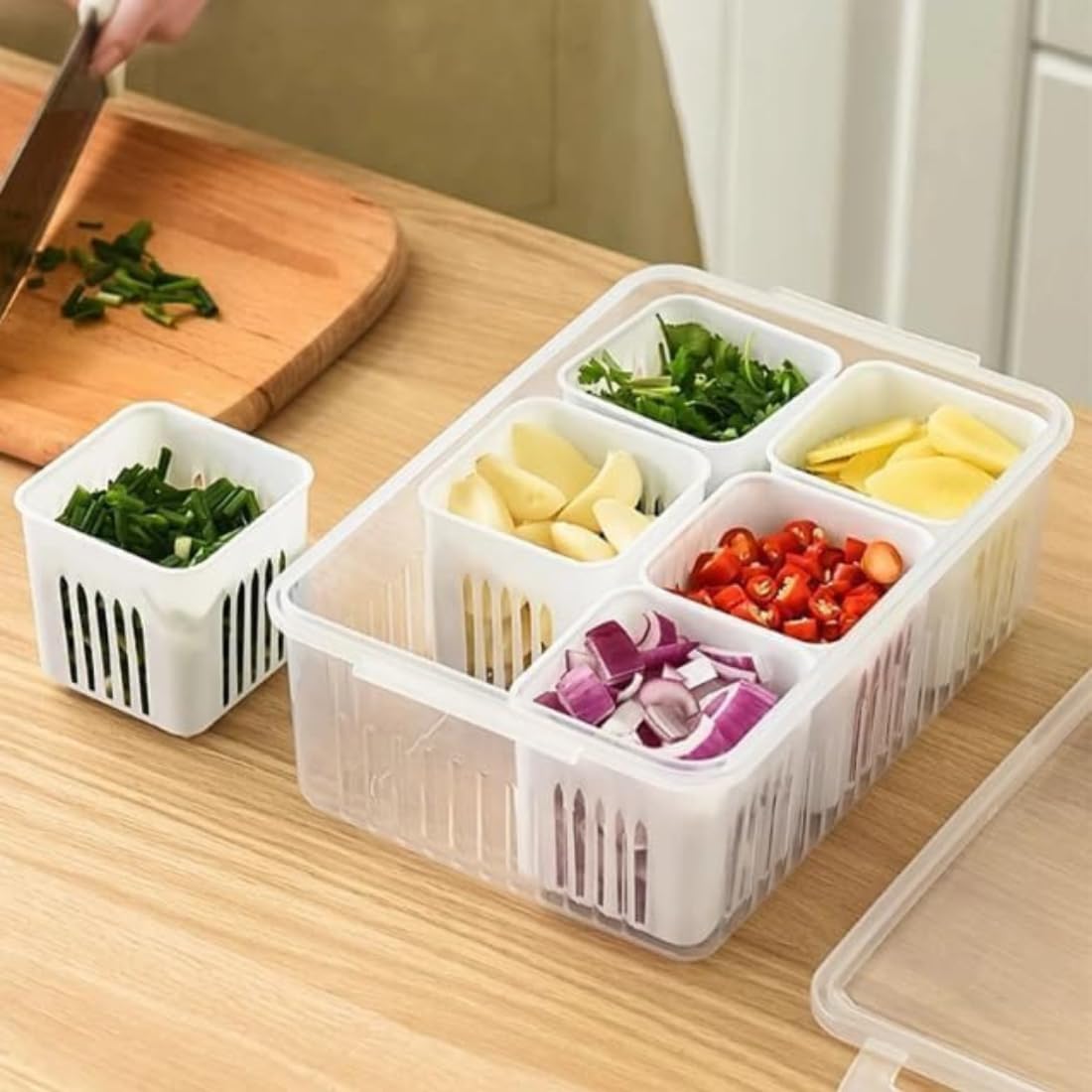 Fridge Organiser Container With Divided Sections | Clear Plastic Food Storage Box With Lid | Vegetable & Kitchen Organizer