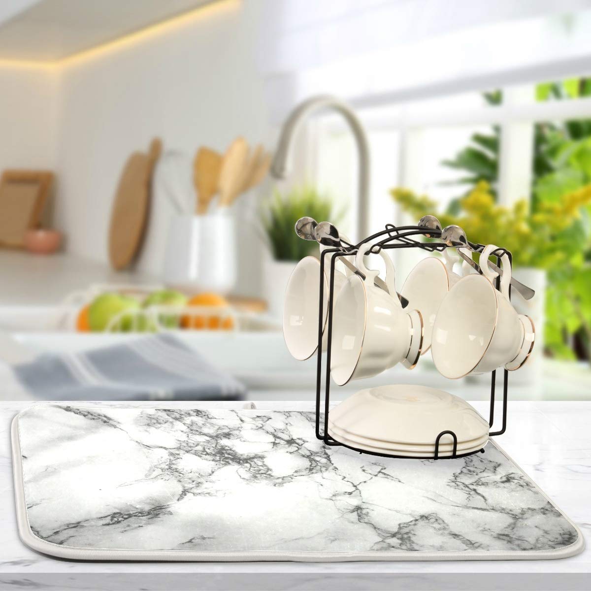 Black Grey Marble Dish Drying Mat 16X18 For Kitchen White Marble Print Dishes Pad Dish Drainer Rack Mats Absorbent Fast Dry Kitc