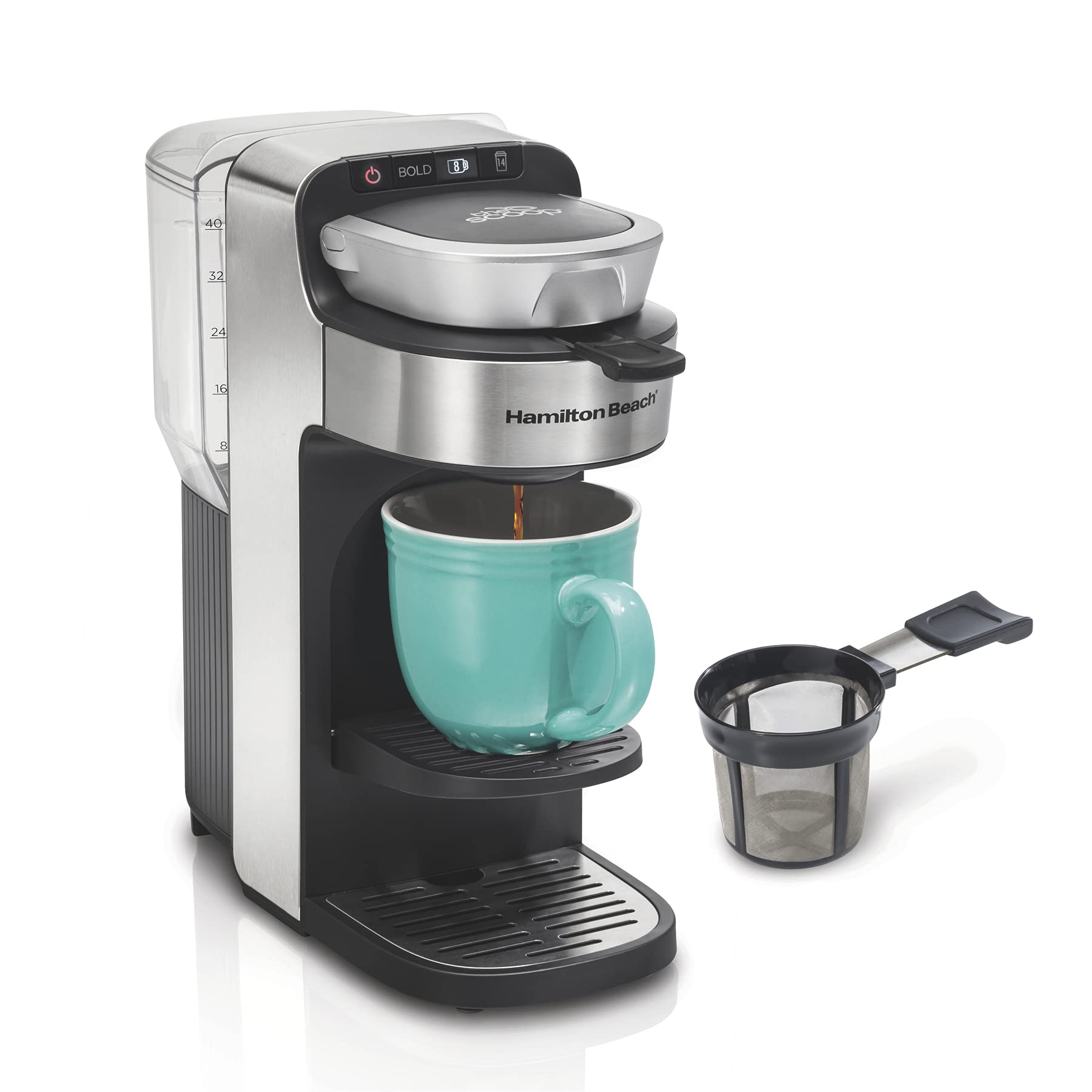 Hamilton Beach The Scoop Single Serve Coffee Maker & Fast Grounds Brewer For 8-14Oz. Cups, Brews In Minutes, 40Oz. Removable Res