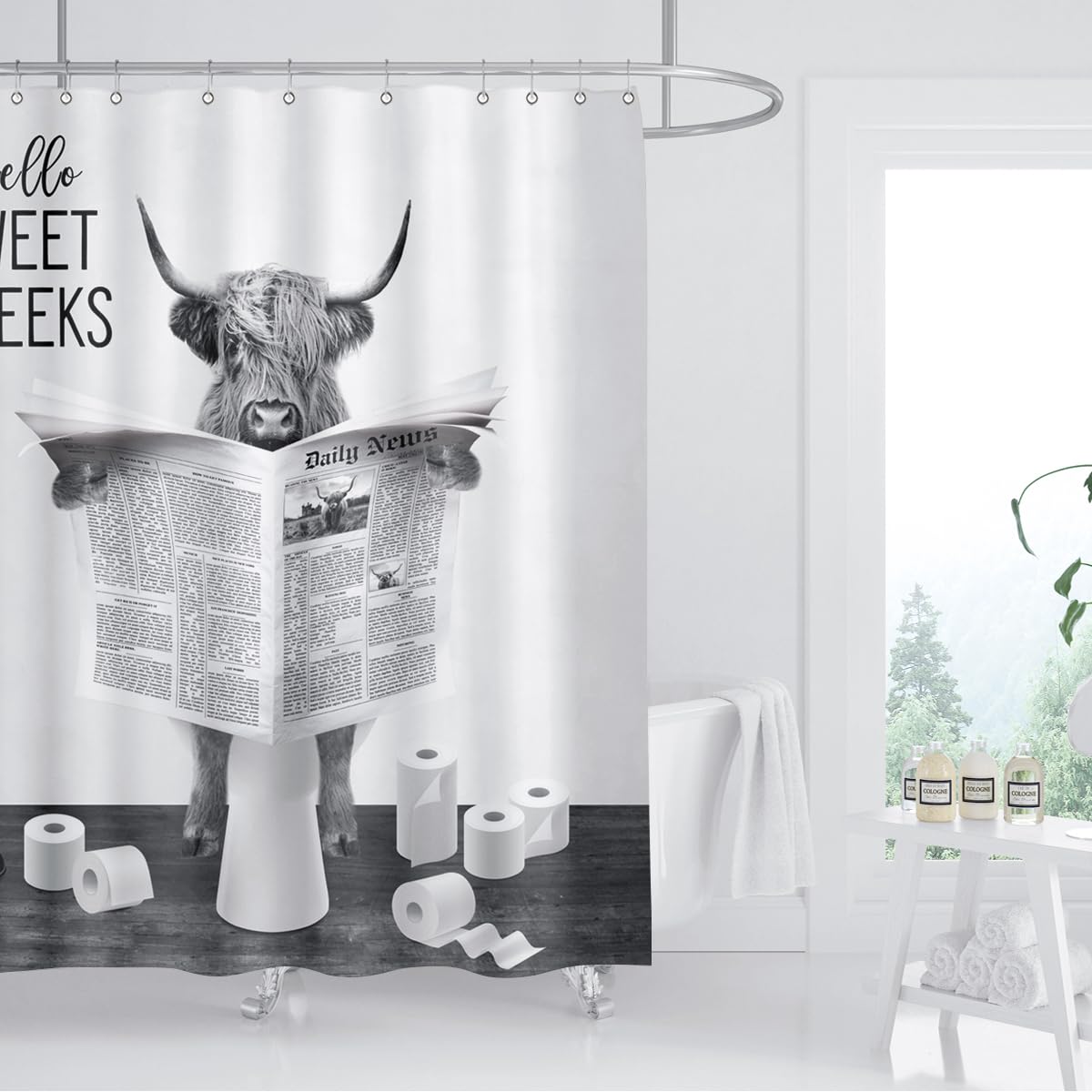 Biysuc Highland Cow Reading Newspaper Shower Curtain Funny Black And White Cattle On Toilet Humor Animals Rustic Farmhouse Style