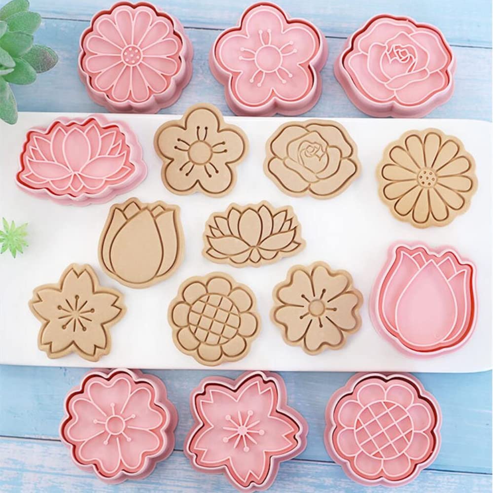 Flower Cookie Cutters,Plastic Daisy Cookie Stamps,3D Rose Cookie Moulds For Baking,Cookie Mould Press Lotus Cookie Press Set Kit