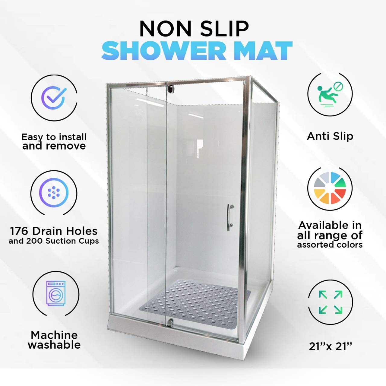 Enkosi Square Shower Mat For Inside Shower - Shower Mat Non Slip - Non Slip Shower Mat For Elderly - Shower Matts For Showers An