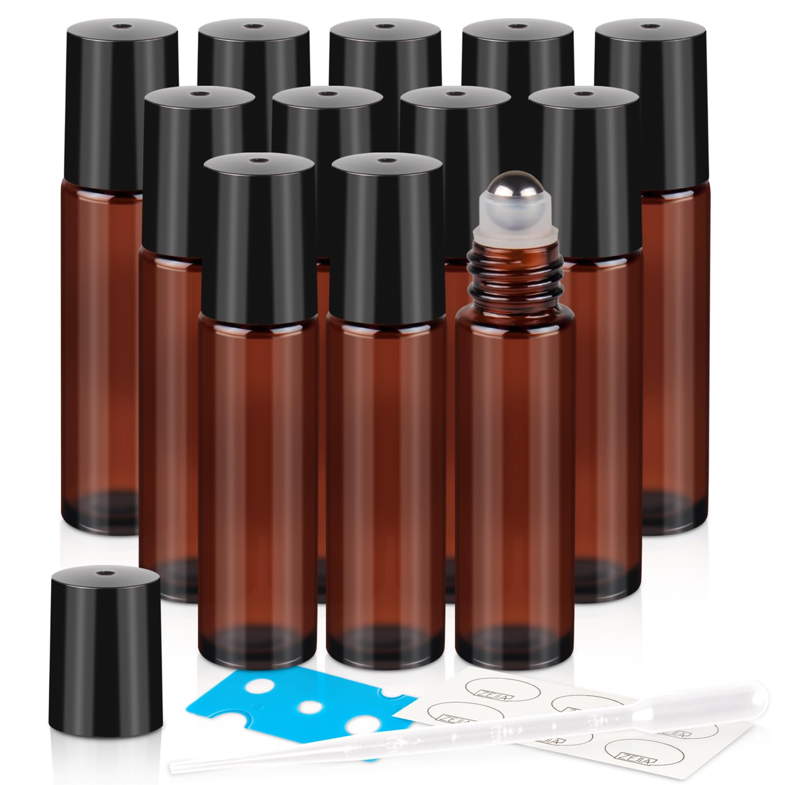 ZEJIA 10ml Roller Bottles 12Pack Amber Thick glass Essential Oil Roller Bottles Stainless Steel Roller Ball with 2 Droppers