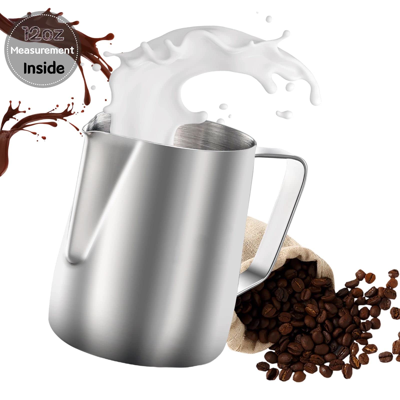 Milk Frothing Pitcher With Measurement Inside, 12 Oz (350 Ml) Stainless Steel Espresso Steaming Pitcher For Milk Coffee Cappucci