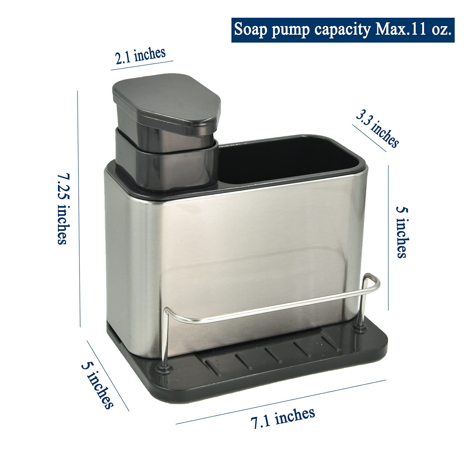 Wskc Soap Dispenser With Sponge Holder And Brush Holder, Kitchen Dish Soap Pump Sink Caddy For Countertop, Stainless Steel