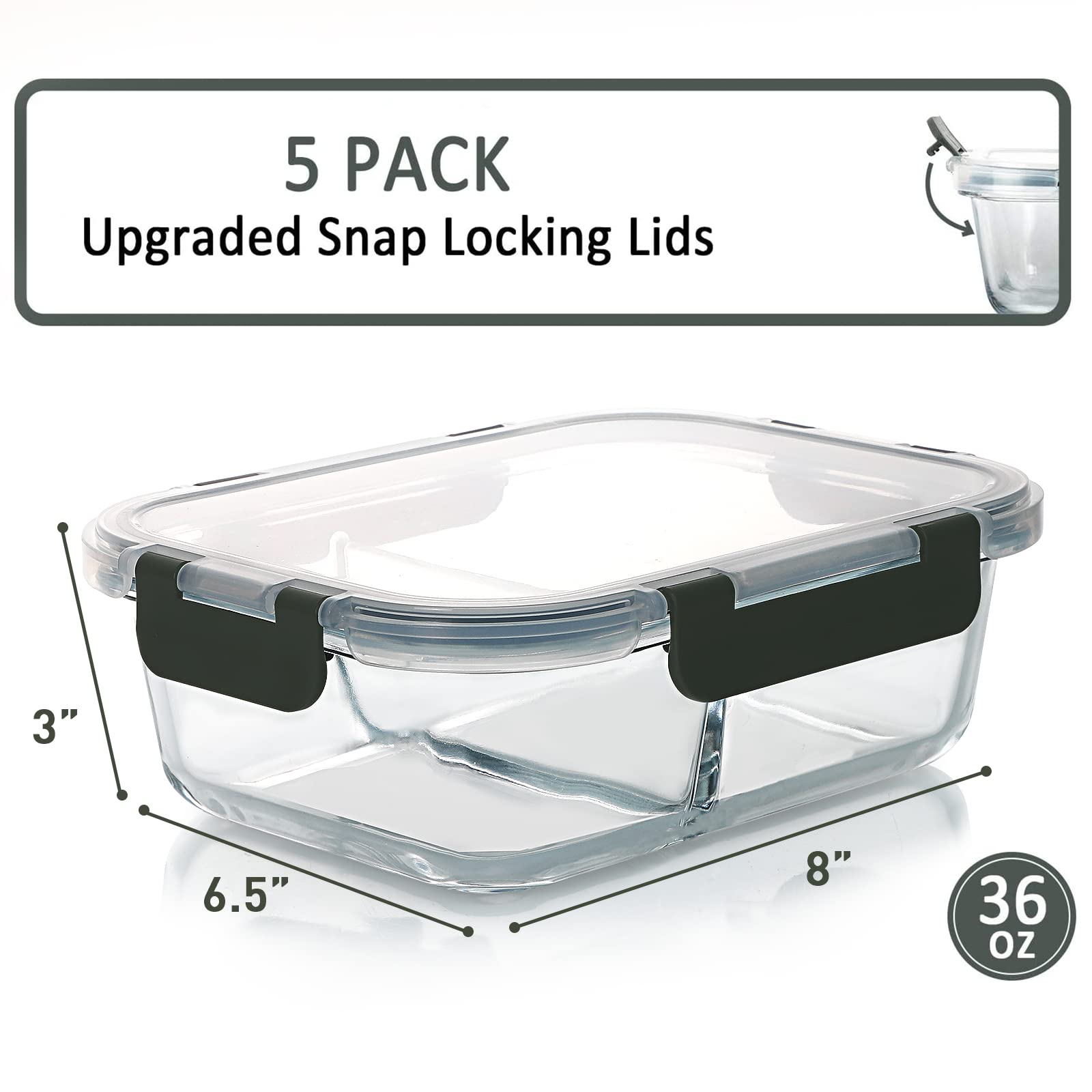 M Mcirco [5-Pack,36 Oz] Glass Meal Prep Containers 2 Compartments Portion Control With Upgraded Snap Locking Lids Glass Food Sto