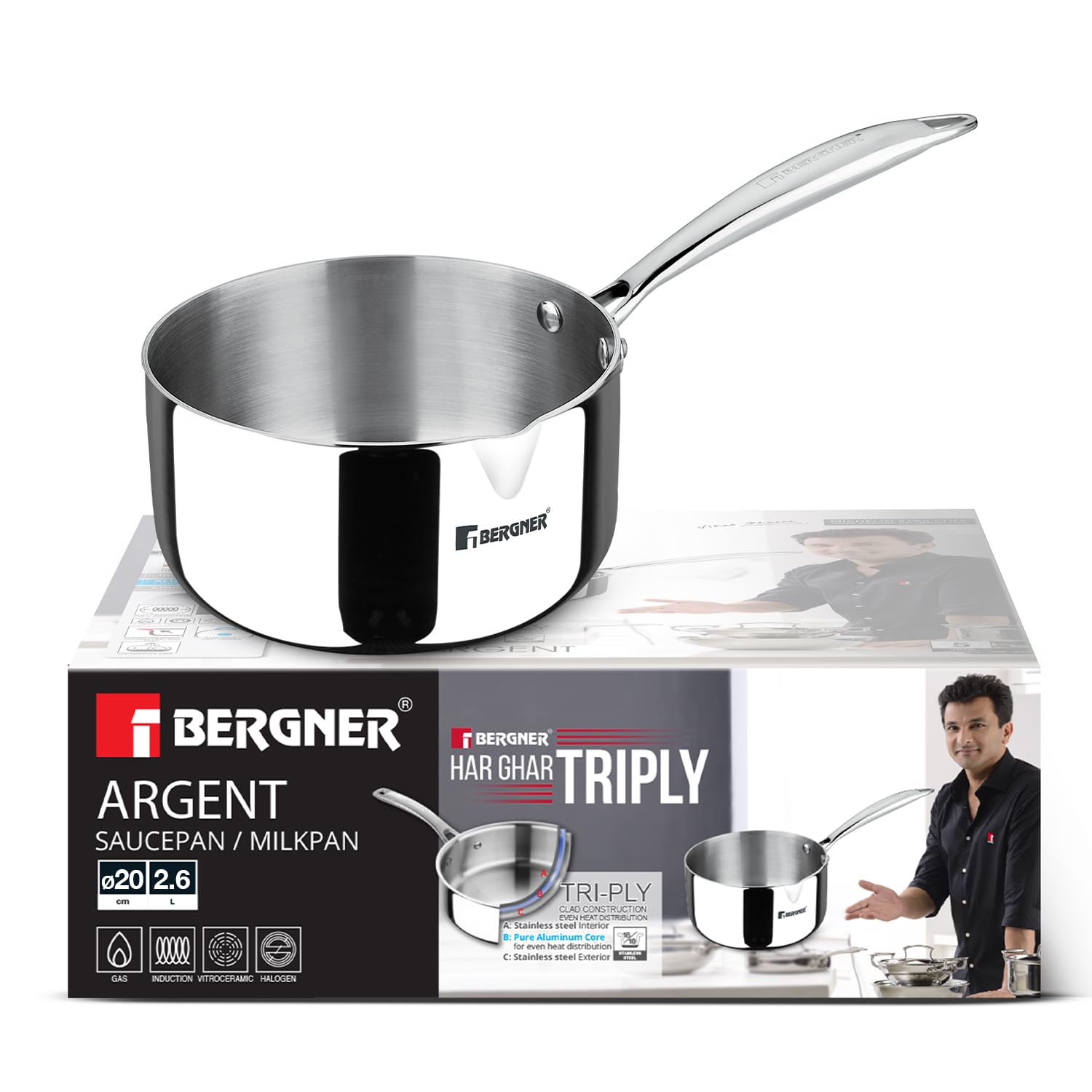 Bergner Argent Triply Stainless Steel Milkpan/Saucepan 20Cm (2.9 L), Stay Cool Cast Handle, Food Safe, Durable, Healthy Cooking,