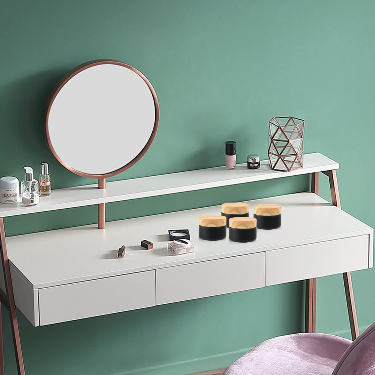 Dmuuudm 12 Pcs 1 Oz Frosted Cream Jar,Empty Refillable Glass Cosmetic Container Jars Holder With Inner Liner,Wood Grain Lid For