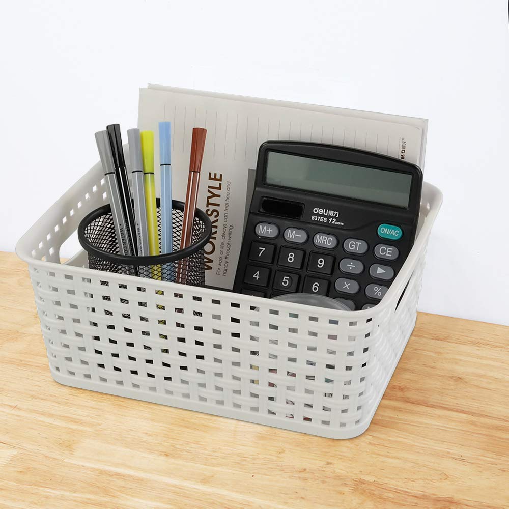 Cand 4 Packs Plastic Weave Storage Basket, 10.08'' X 7.67'' X 4.05'', White