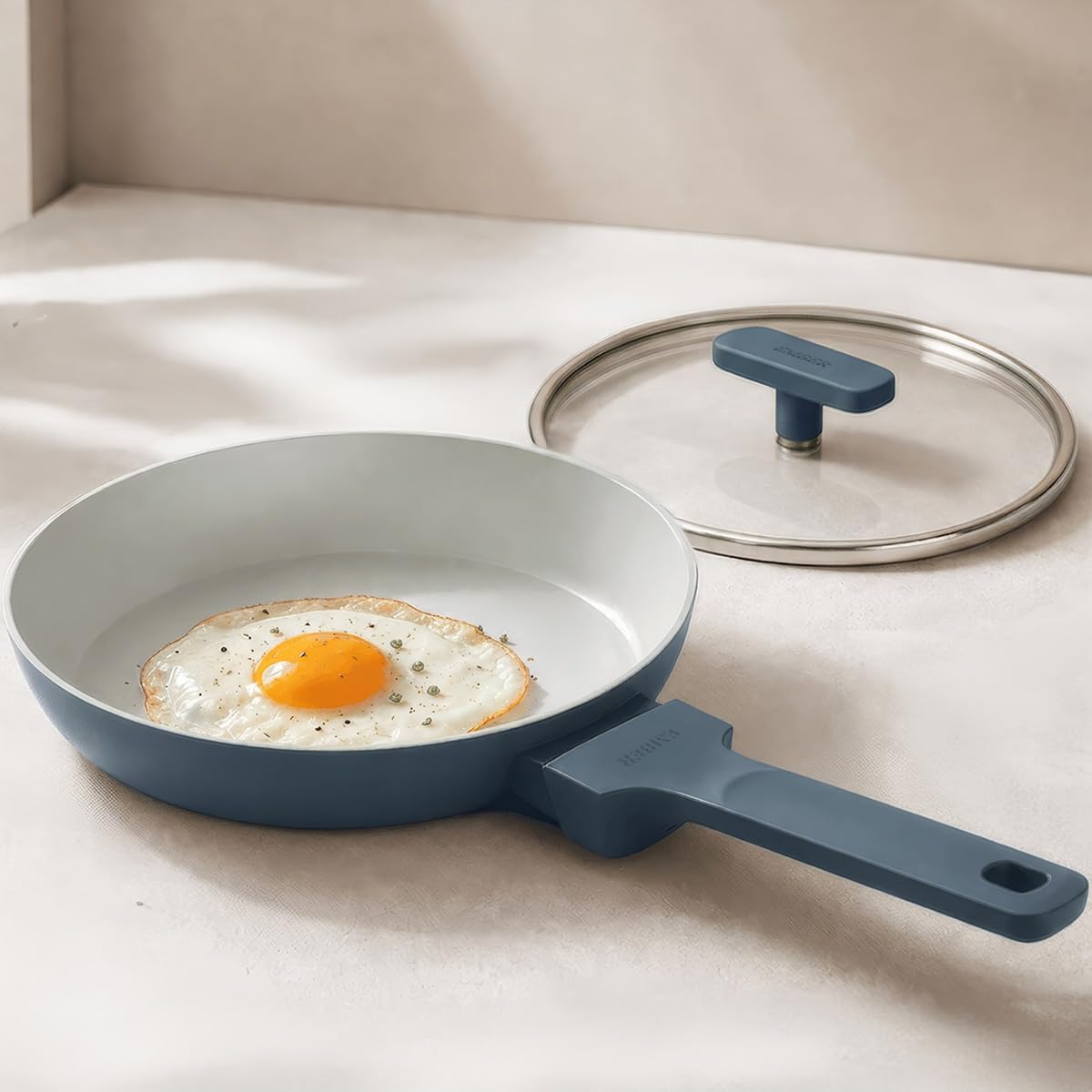 Ember Cookware Arcilla Ceramic Egg & Omelette Pan 20 Cm With Glass Lid | 5Year Warranty | 75% Less Oil Usage | Lightweight, Non