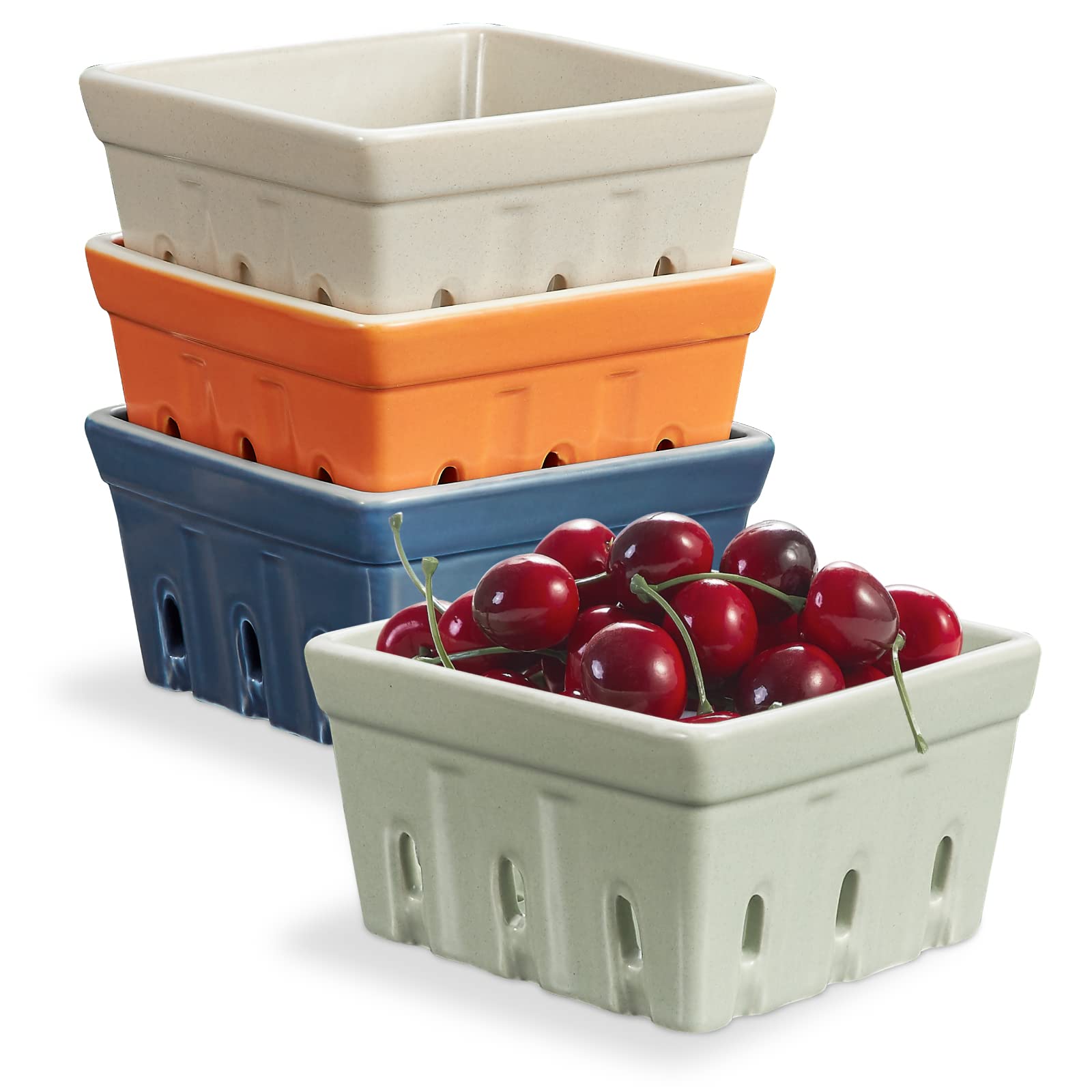 ONEMORE Ceramic Berry Basket  Rustic Stoneware Berry Bowls Colander  Square Fruit Bowls for Kitchen D?cor Set of 4  Assorted Color