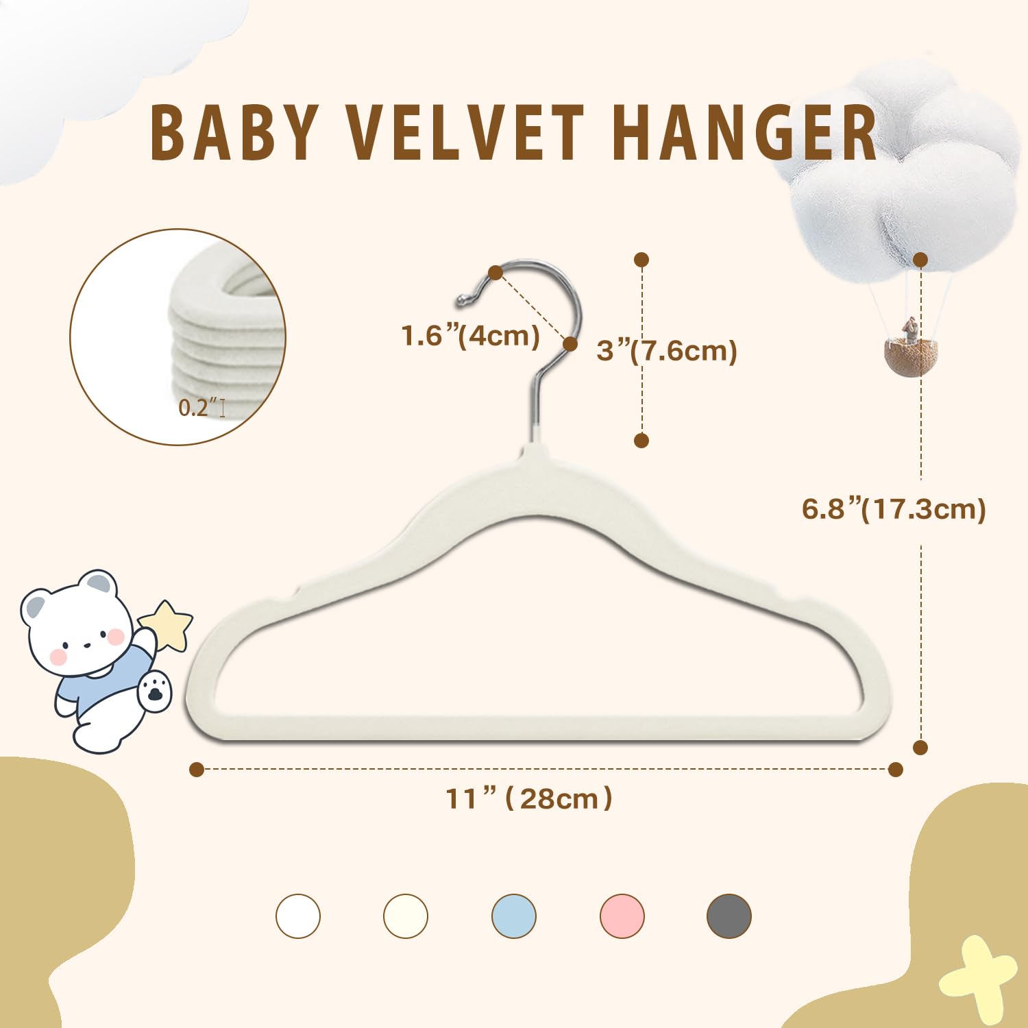 Wellong Baby Velvet Hangers, 11 Inches Kids Clothes Hangers, Non-Slip Childrens Hangers For Infant And Toddler 16 Pack Cream