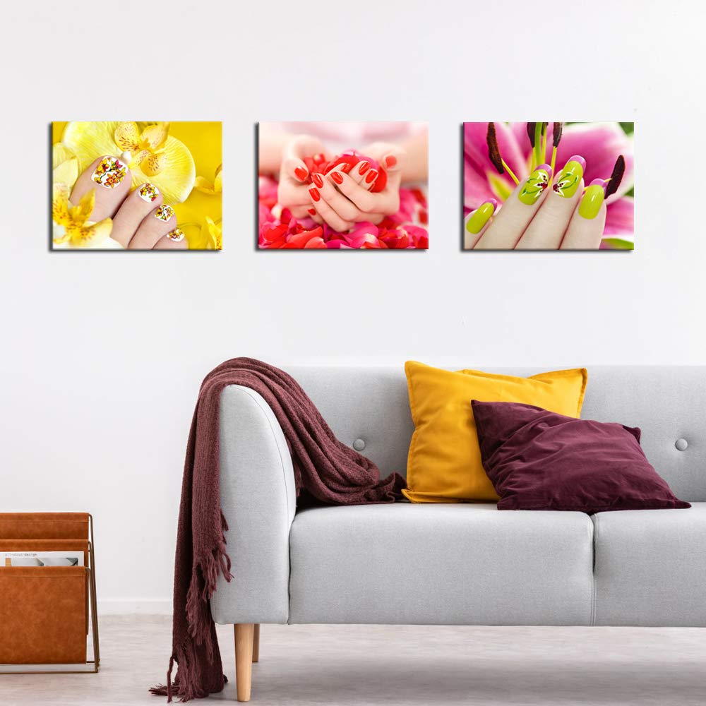 Nachic Wall - 3 Piece Canvas Wall Art Fashion Woman Nails Pictures Beauty Salon Manicure Poster Canvas Print With Wooden Frame F