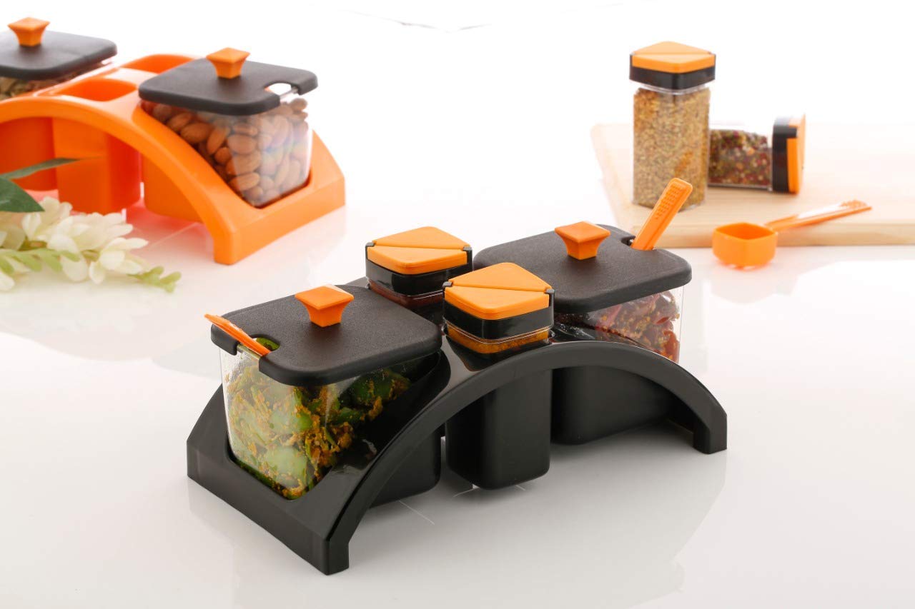 Matiman Enterprise Masala Storage Container lids & Tray Holder for Dining Table,Masala Container for Kitchen Set of 4 (Multicolo