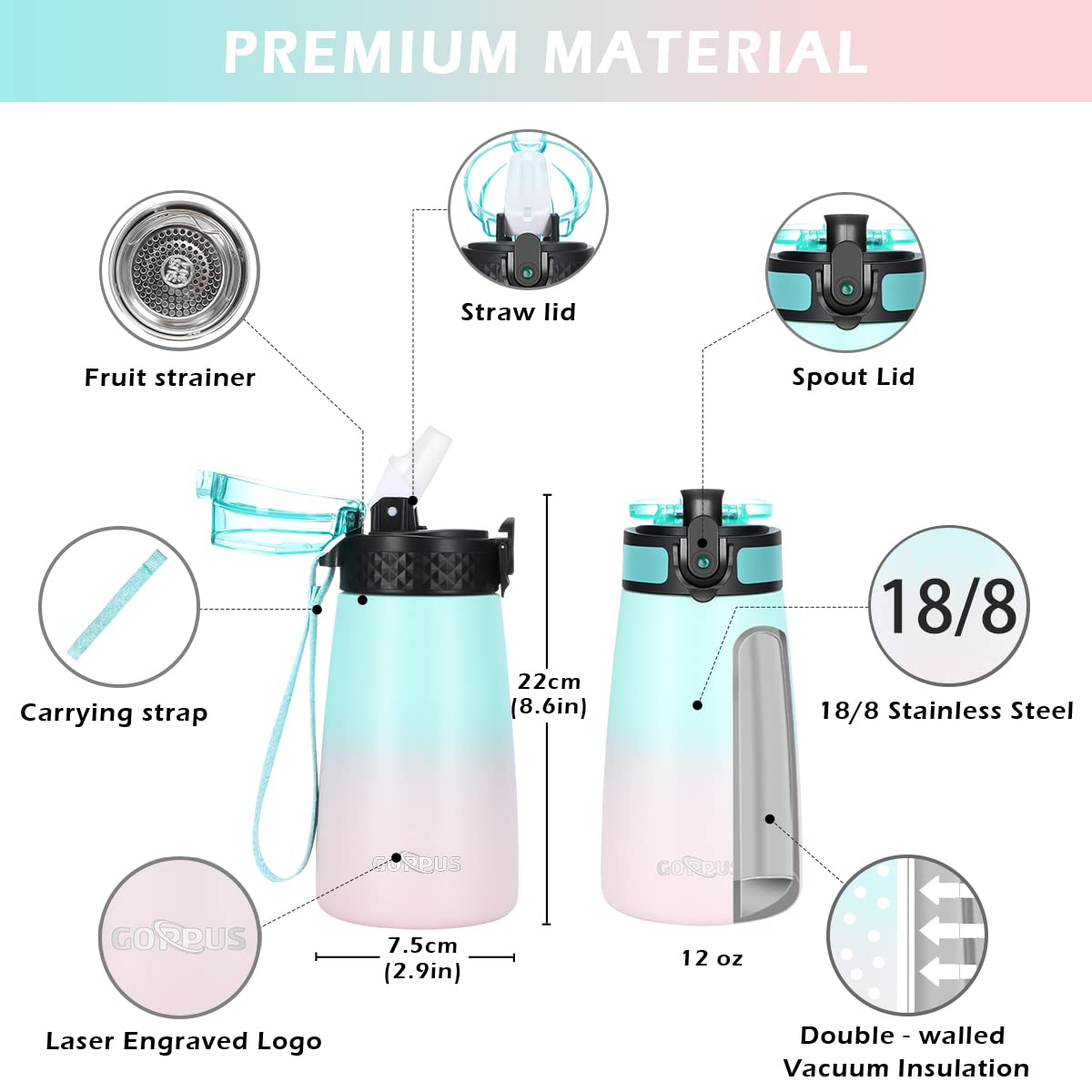 Goppus 12 Oz Kids Water Bottle With Straw Lid & Spout Lid Vacuum Insulated Stainless Steel Cup Double Wall Kids Metal Water Bott