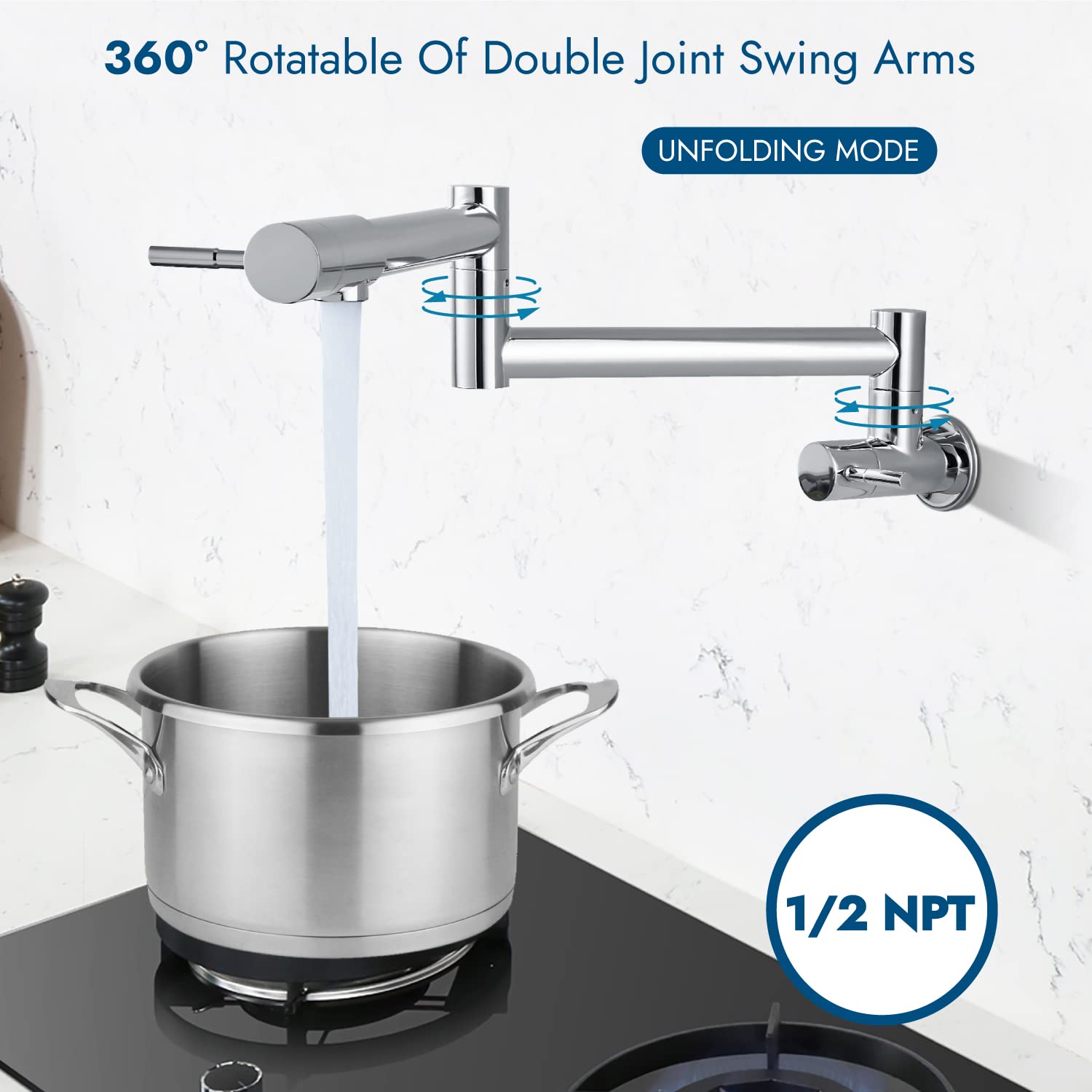 Cinwiny Pot Filler Faucet Wall Mount Polished Chrome Kitchen Restaurant Sink Stretchable Commercial Faucet With Folding Double J