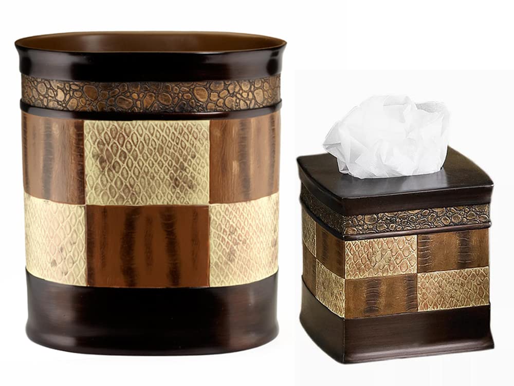 Zahari Home 2Pc Zambia Animal Print Bath Accessories Set Waste Basket & Tissue Box Modern Classic Contemporary Decorative Beauti