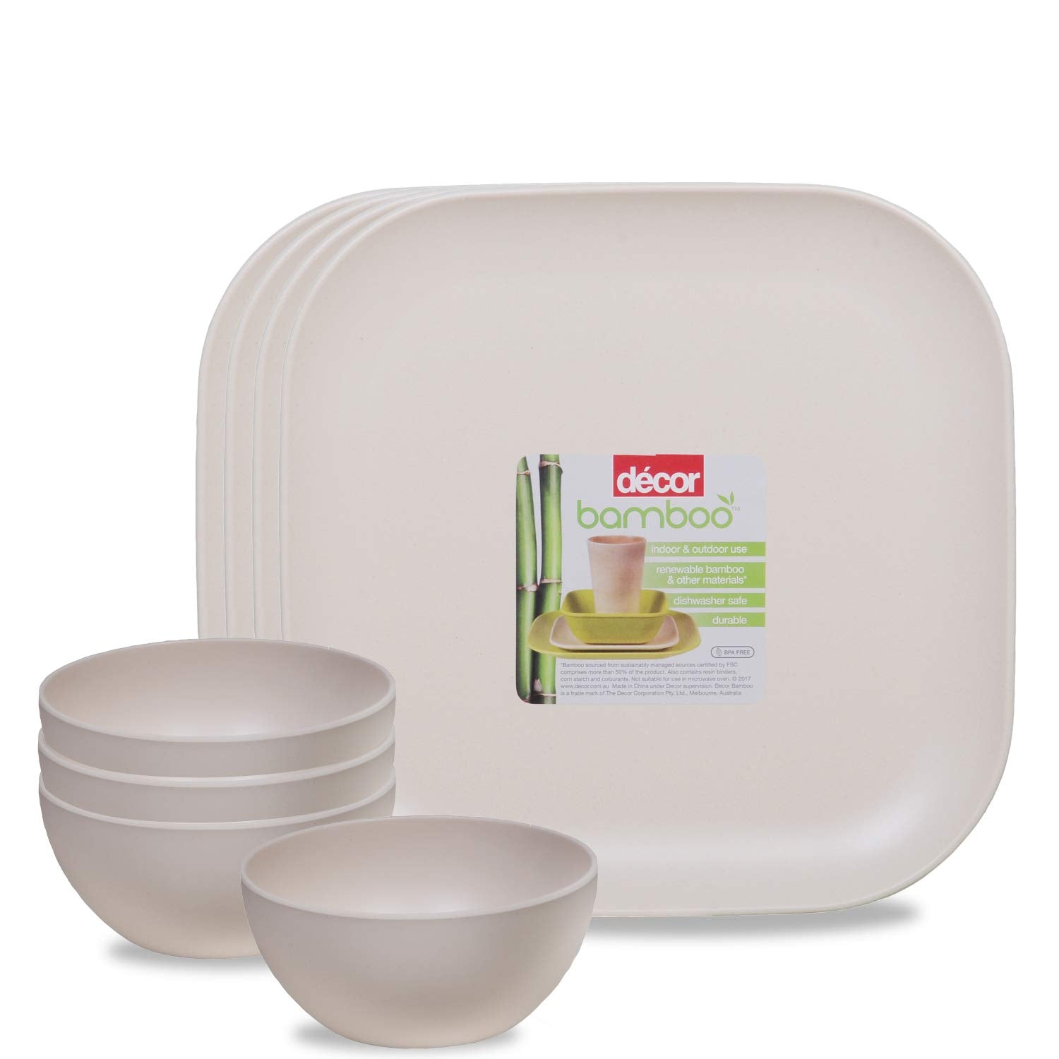 Decor Ecolite Bamboo Non Toxic EcoFriendly Reusable 4 Small Plates And 4 Bowls Dinner Set For Couples (Natural White)  8 Piece