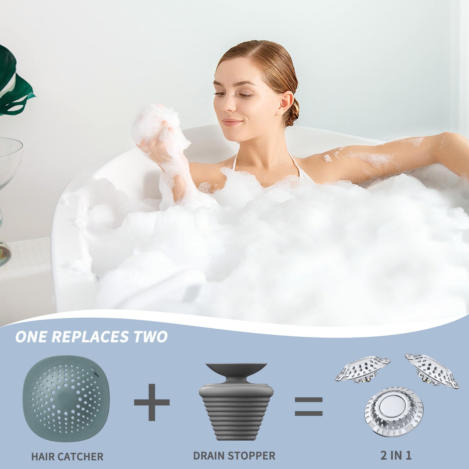 Upgraded 2 In 1 Bathtub Drain Stopper Bathtub Drain Hair Catcher, Effective Tub Stopper With Dual Filtration Design, Anti-Cloggi
