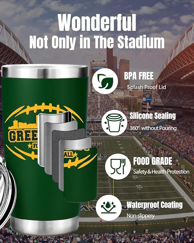 Football Fan 20 Oz Insulated Travel Coffee Cup Mug Tumbler with Lid Themed Merch Shop Men Women Sport Stuff Gear Apparel Packers