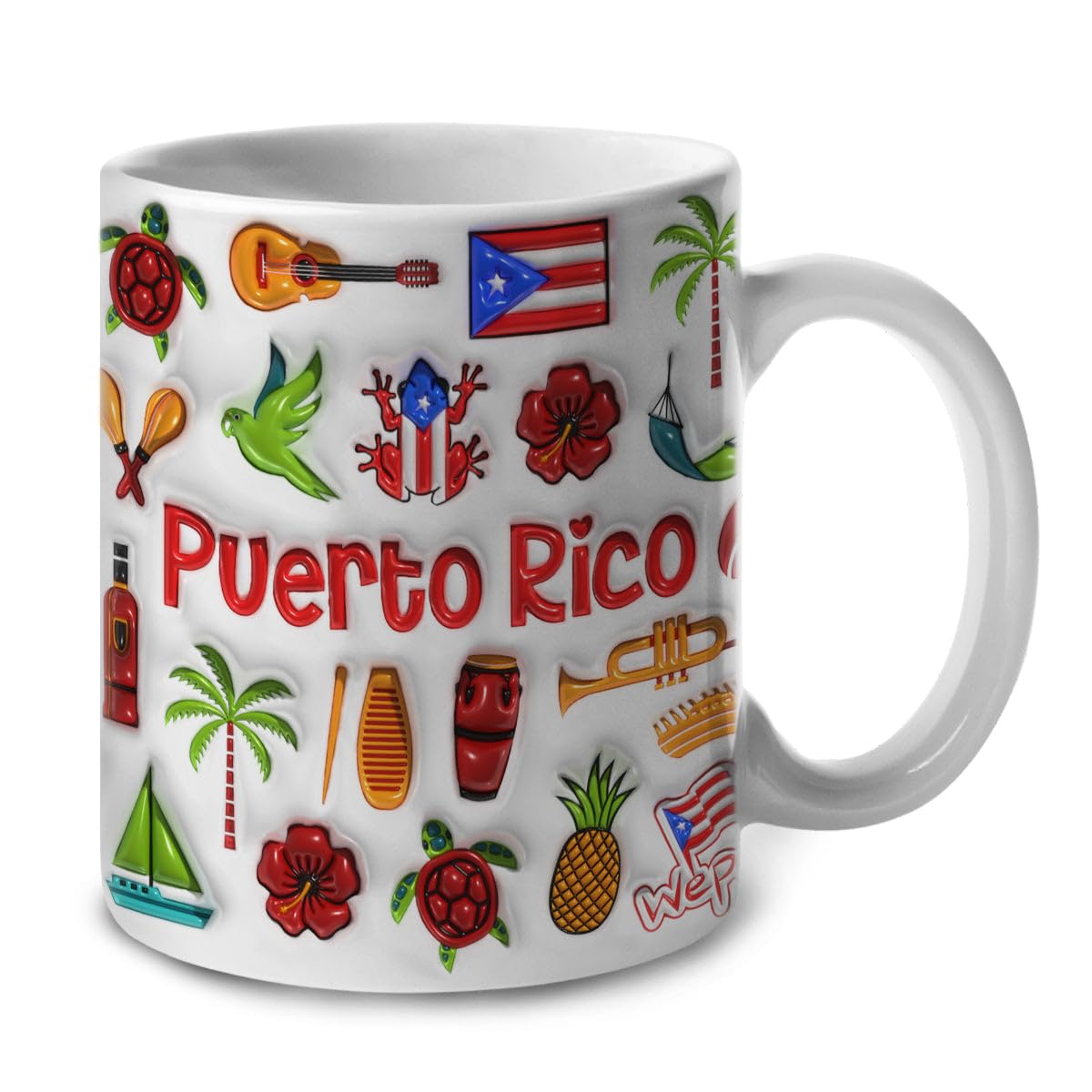 Lotacy Puerto Rico Symbols Colorful 2D Printed Ceramic Coffee Mug With Flag, 11oz, Puerto Rican Souvenirs and Gifts