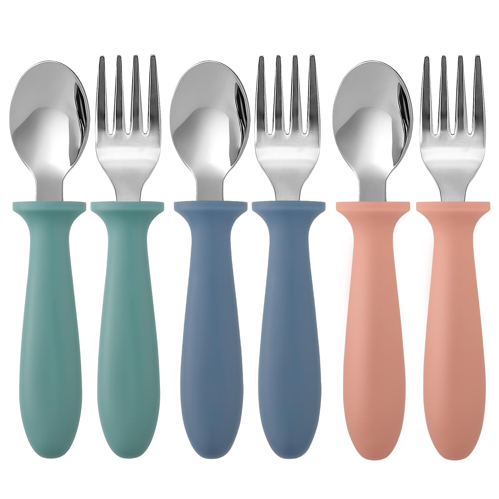 Pimoys 6 Pieces Toddler Utensils, Kids Silverware Set with Plastic Handle Stainless Steel Children Forks and Spoons, Dishwasher 