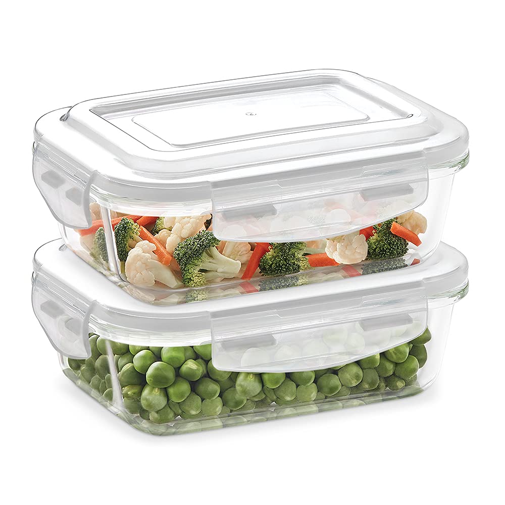 Borosil Klip N Store Glass Storage Containers For Kitchen With AirTight Lids, Microwave & Oven Safe, Rectangular, Set Of 2 (640