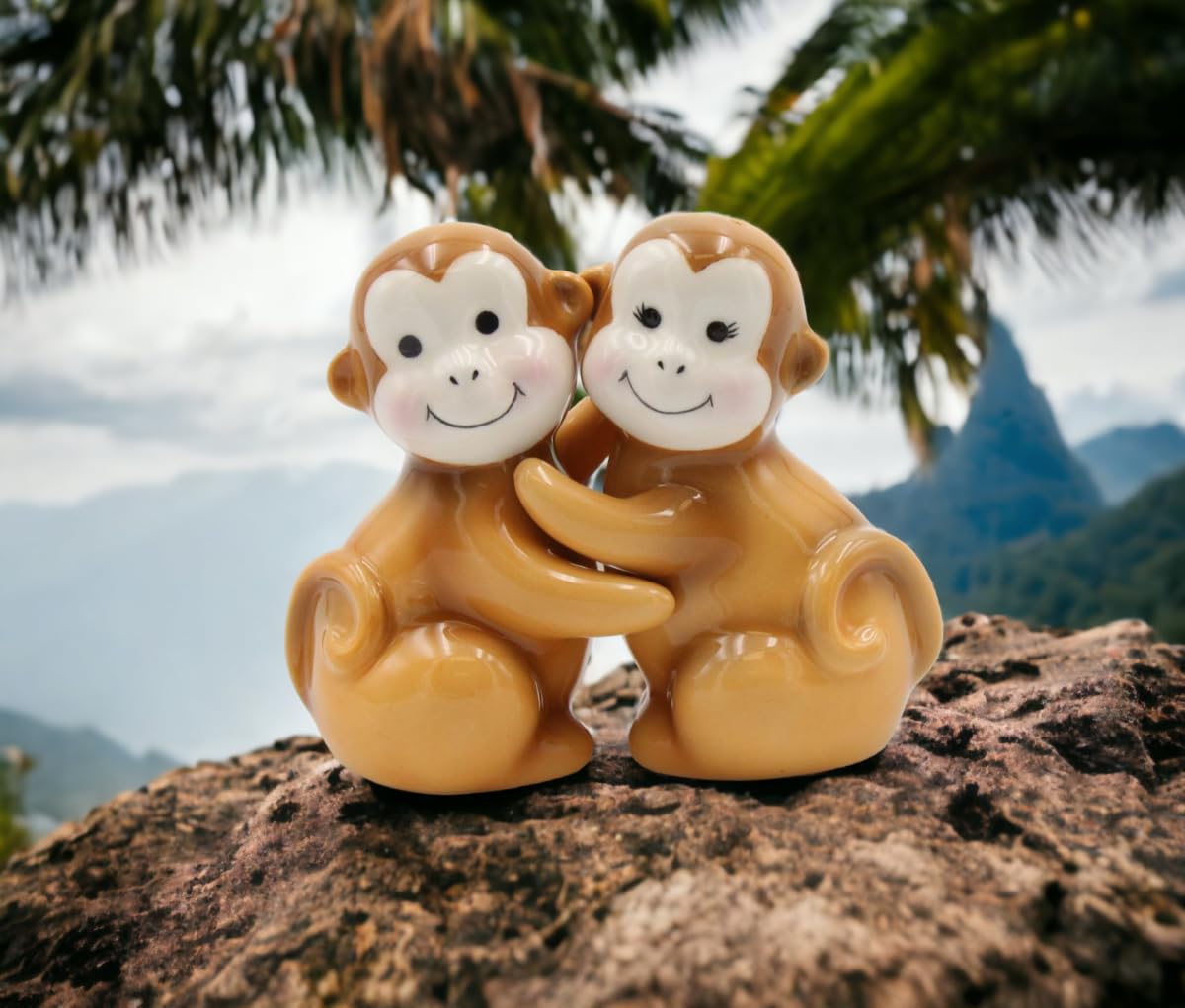Fine Ceramic Hugging Monkeys Salt & Pepper Shakers Set, 3-1/8'' H