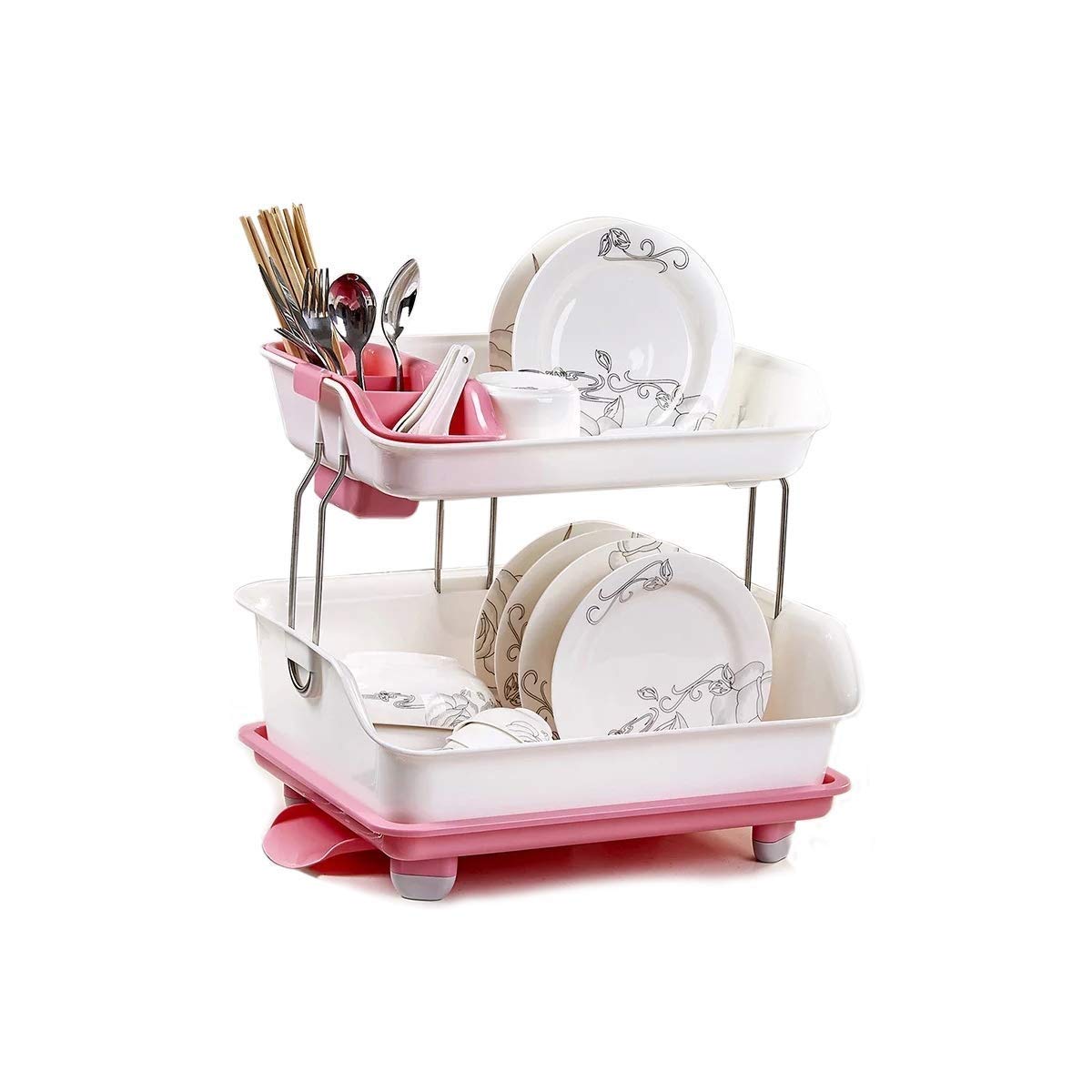 Otro Kitchen 2 Layer Sink Dish Plate Drainer Drying Rack Wash Organizer With Tray Utensil Holder Basket (Red) Plastic