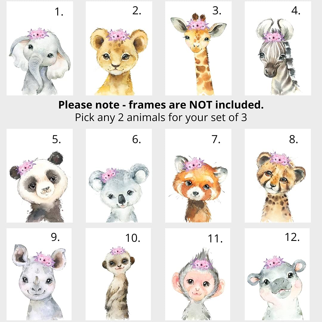 Personalized Safari Animals For Baby Girls Nursery, Set Of 3 Unframed Poster Prints, Personalized Name Pink Lilac Floral, Girls