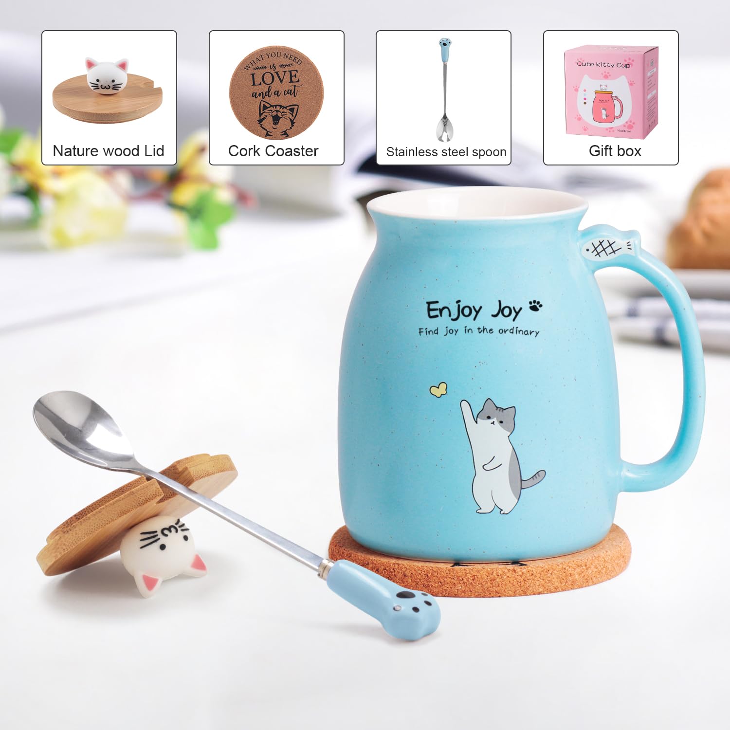 Feify Cute Cat Ceramic Coffee Mug Set - 4 Piece, 16oz, Blue with Wooden Lid & Spoon, Kawaii Anime Design, Perfect for Gifts