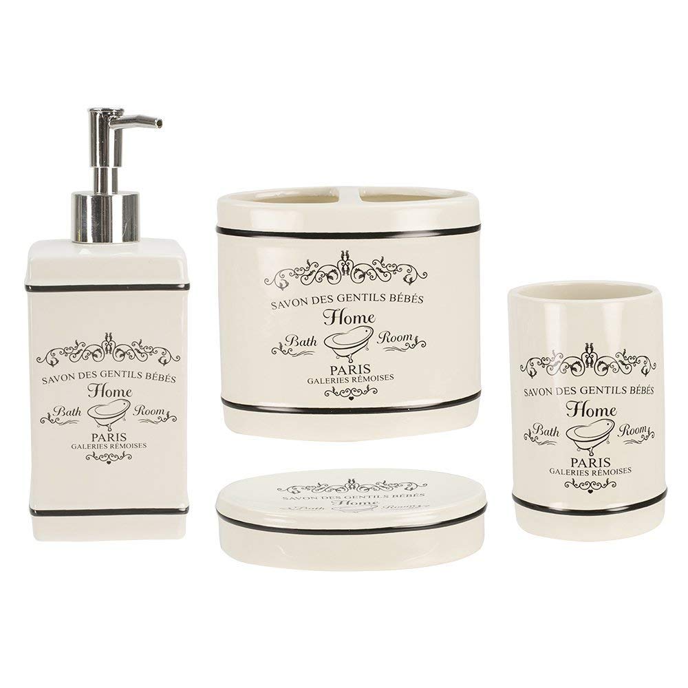 Home Basics Paris Collection 4 Piece Bathroom Accessories Set Featuring A Soap Dispenser, Toothbrush Holder, Tumbler, And Soap D