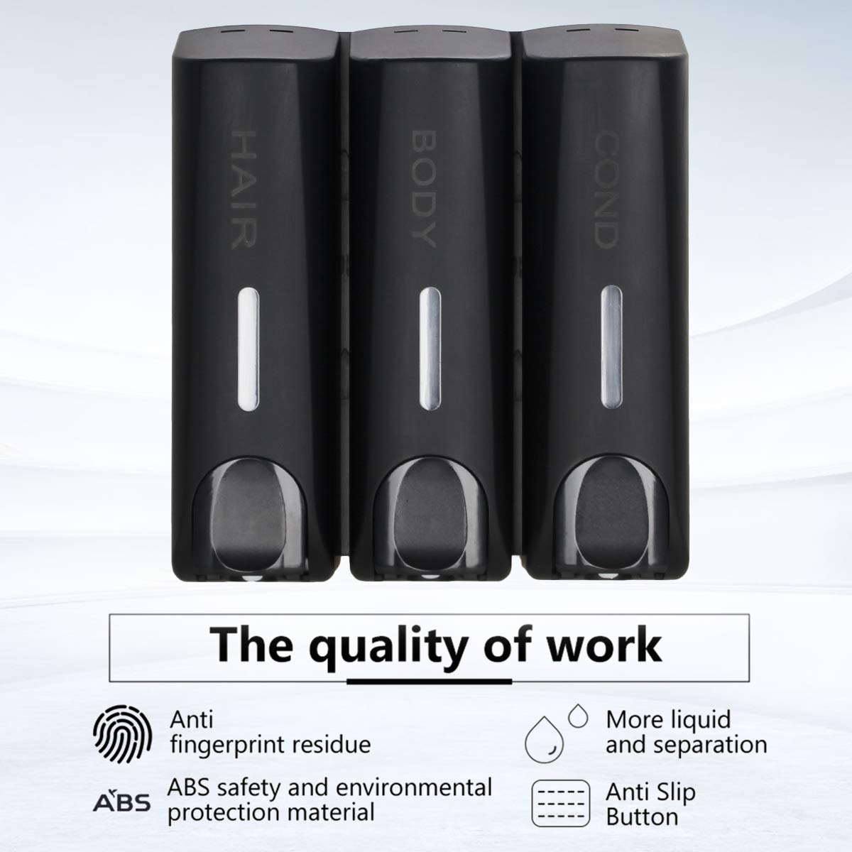 AUMIO Wall Mounted 3 Chamber Shower Soap Dispenser Set, Black Plastic, No Drill Shampoo & Conditioner Dispenser for Bathroom & Hotel