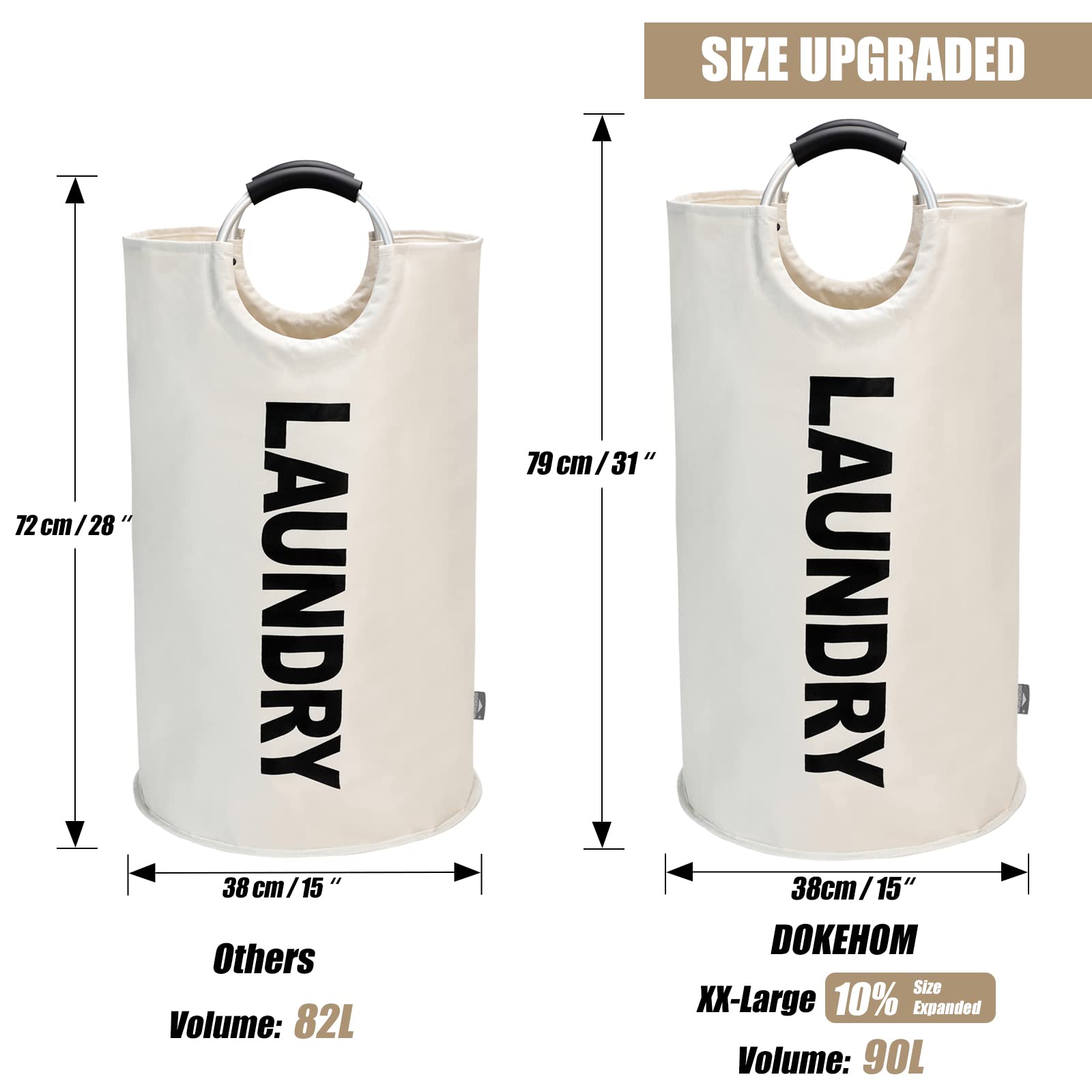 Dokehom 90L Large Laundry Basket, Collapsible Laundry Bag, Freestanding Tall Clothes Hamper, Foldable Washing Bin (Beige)