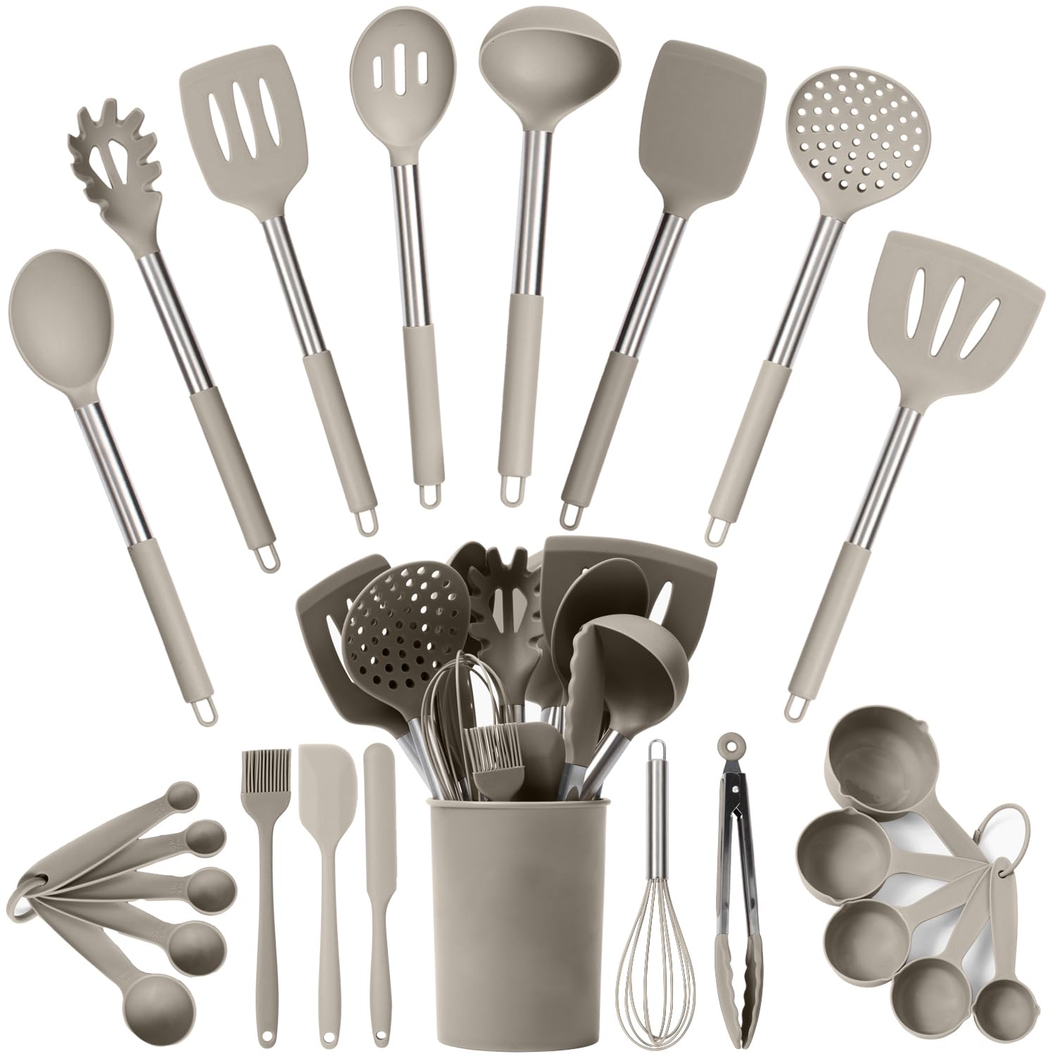 Silicone Kitchen Utensils Set - Culinary Couture 24-Pieces Khaki Silicone Cooking Utensils Set For Nonstick Cookware - Silicone
