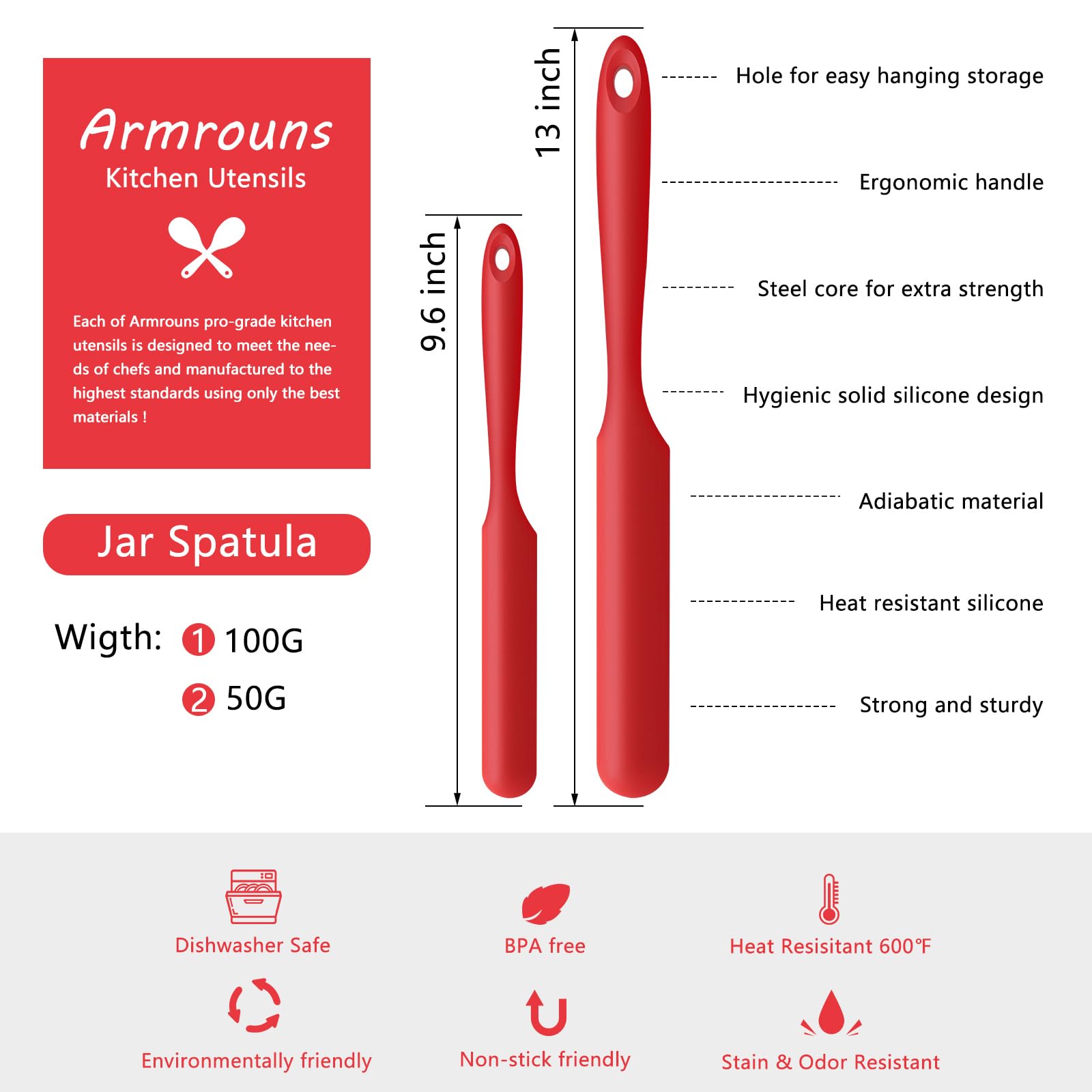 Armrouns Plus Size Silicone Jar Spatula 2Pcs Cake Cream Butter Spatulas 13'' & 9.6'' Heat Resistant Mixing Batter Scraper Non-St