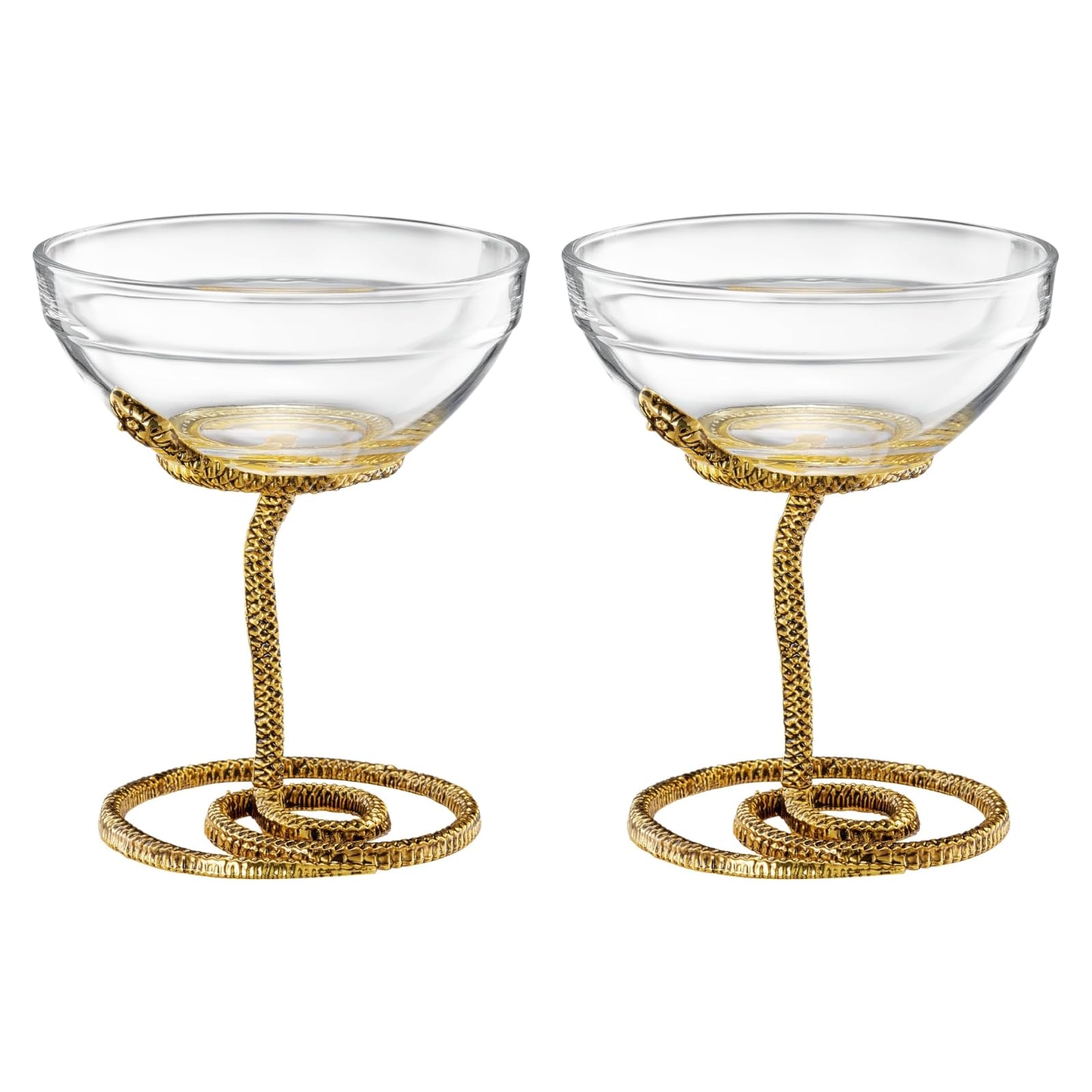 Snake Serpent Cocktail Glasses - 2 Set Gold Design Unique Reptile Inspired Barware