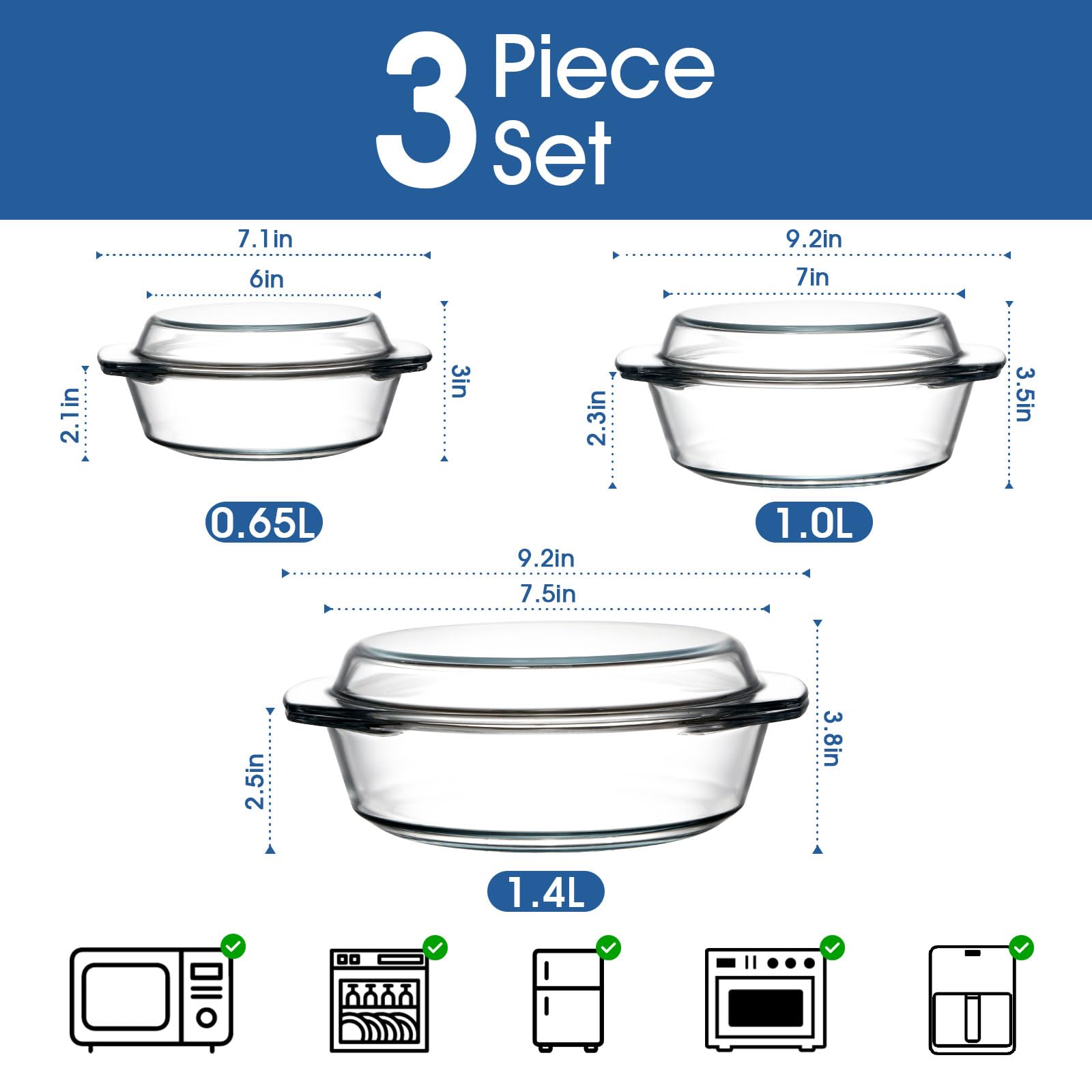 Zyer Round Glass Casserole Dish With Glass Lid Glass Casseroles Bakeware With Glass Lid, Glass Casserole Bowl (Set Of 3-0.65L+1L