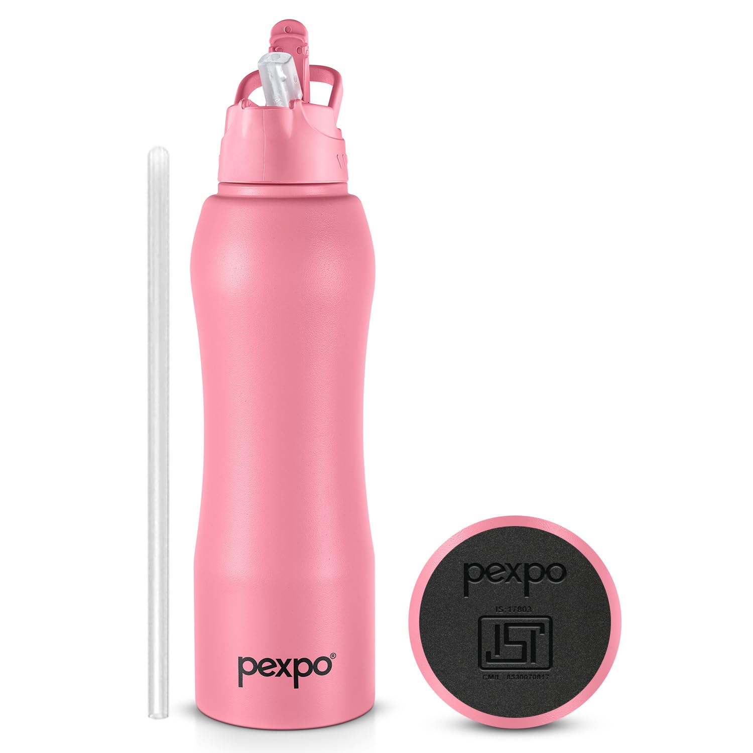 Pexpo Belly Isi Certified Stainless Steel Water Bottle 1 Ltr, With Straw Lid Sipper Cap | Single Wall Fridge Bottle | For Home, 